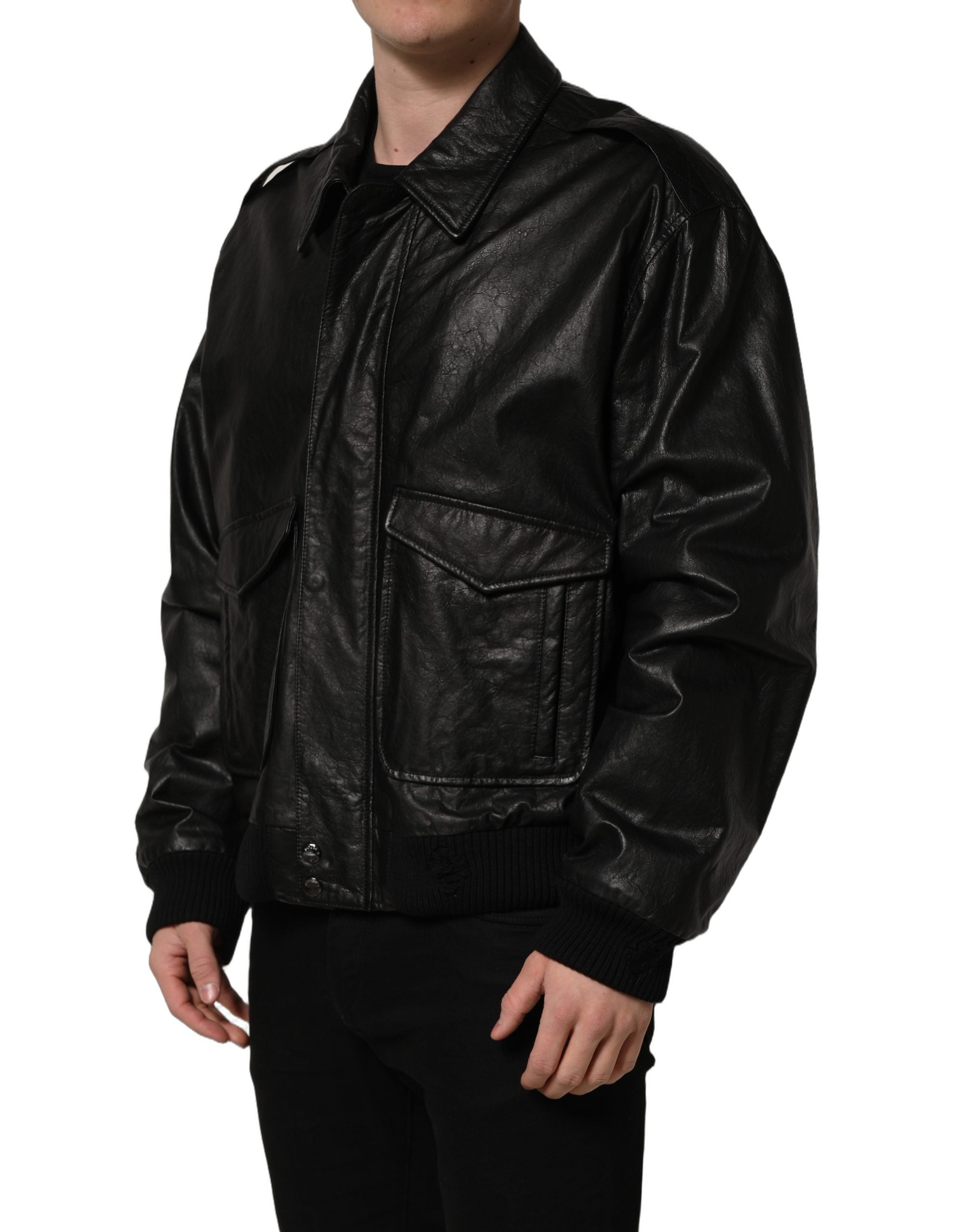 Dolce & Gabbana Black Leather Full Zip Men Biker Men's Jacket