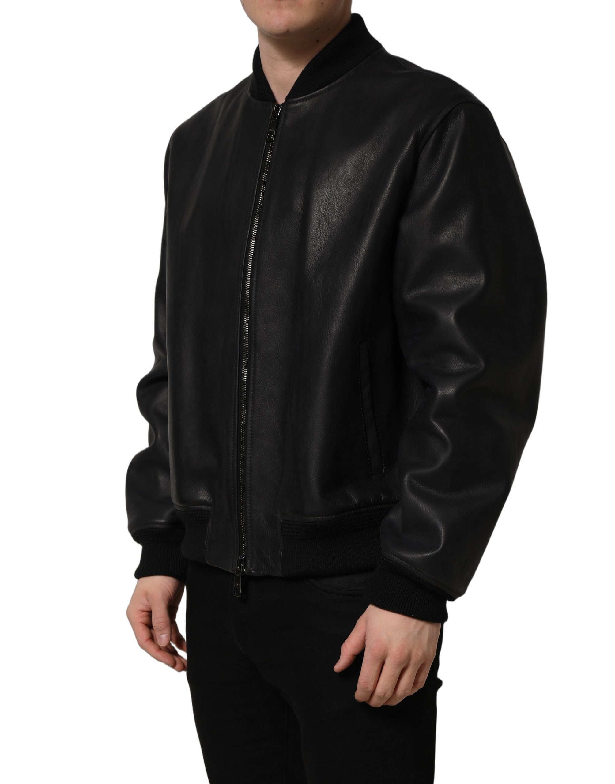 Dolce & Gabbana Black Leather Full Zip Men Biker Men's Jacket