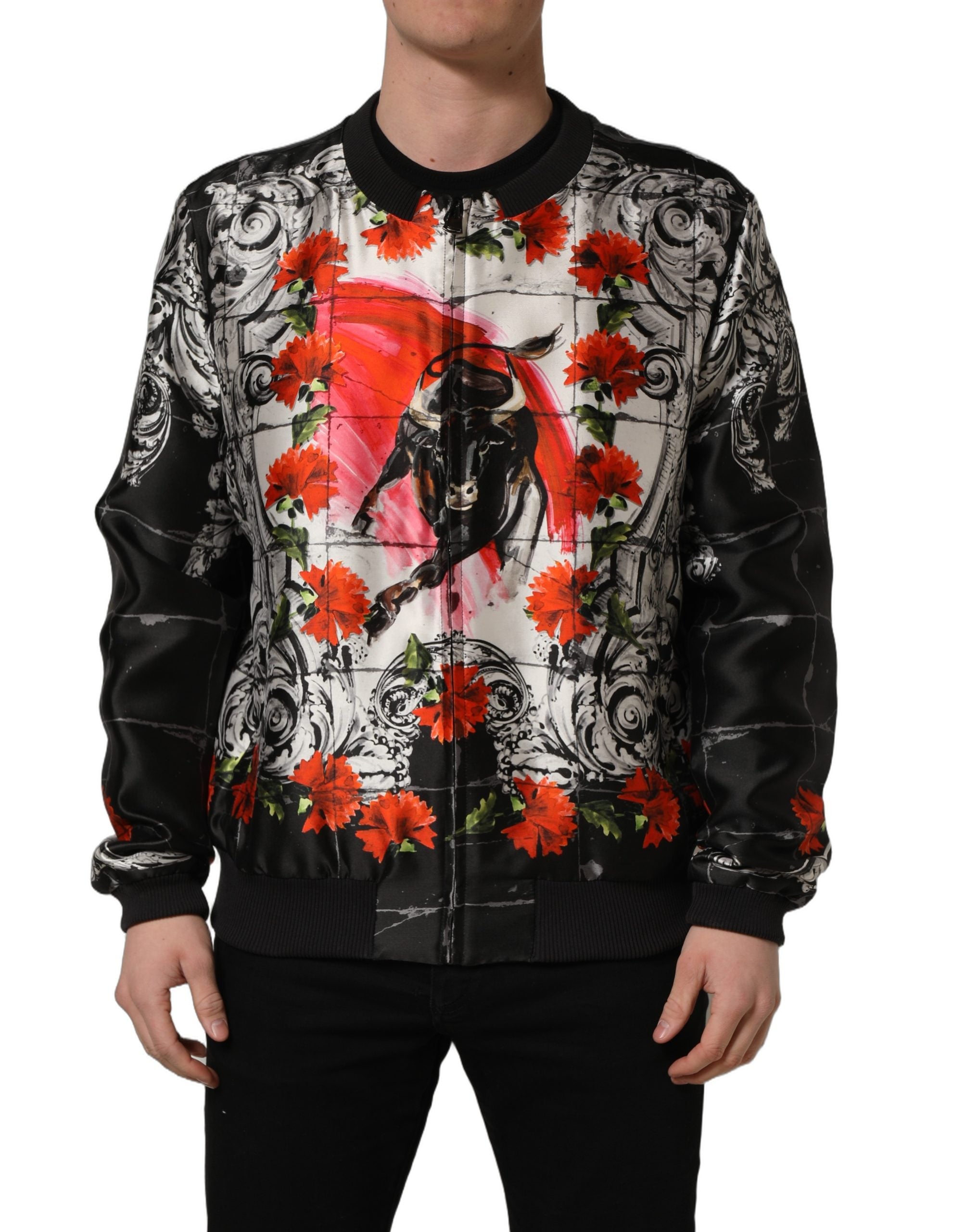 Dolce & Gabbana Multicolor Majolica Bull Print Bomber Men's Jacket