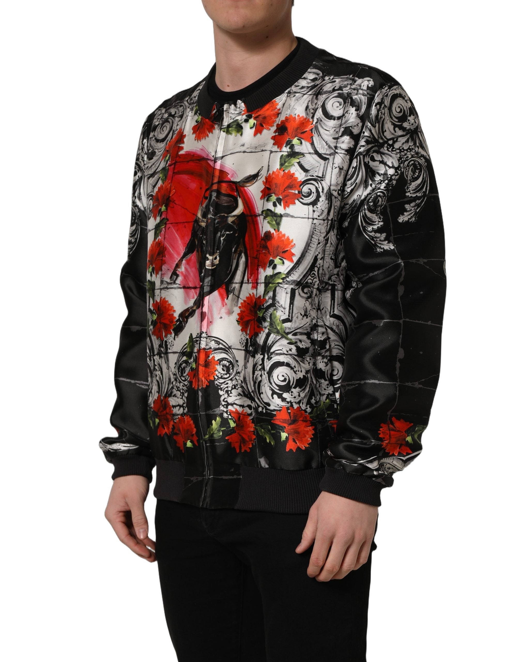 Dolce & Gabbana Multicolor Majolica Bull Print Bomber Men's Jacket