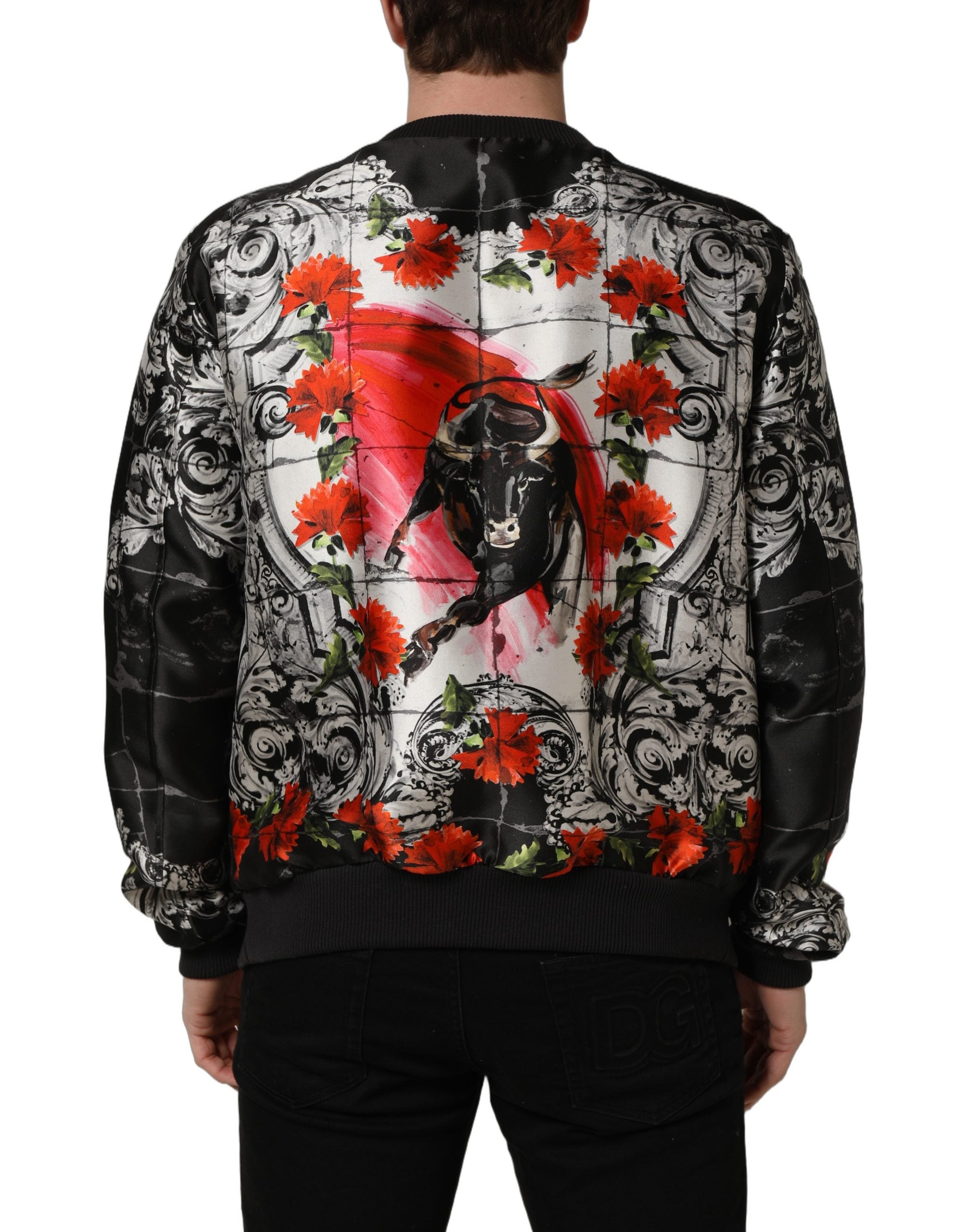 Dolce & Gabbana Multicolor Majolica Bull Print Bomber Men's Jacket