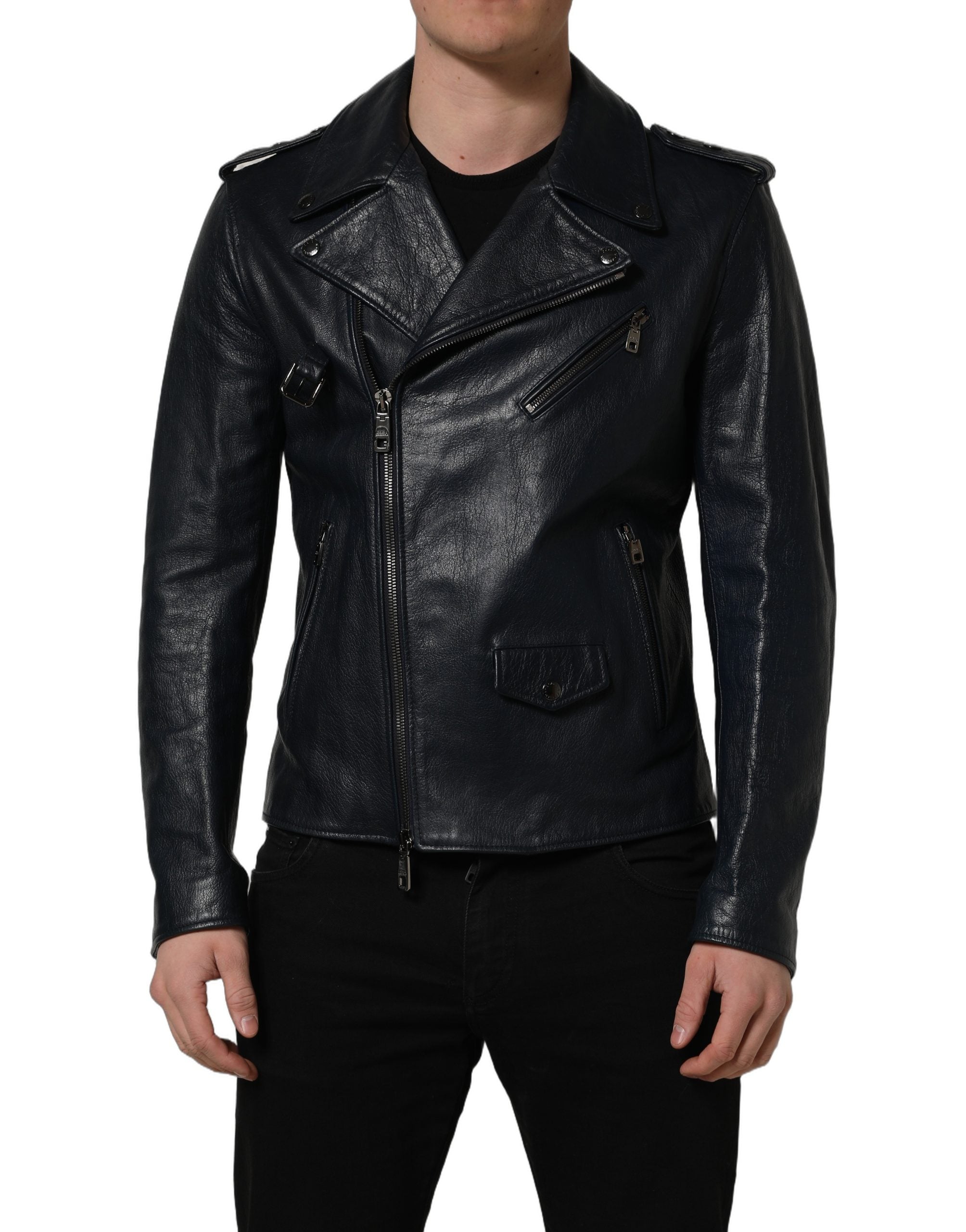 Dolce & Gabbana Black Leather Men Biker Coat Goatskin Men's Jacket