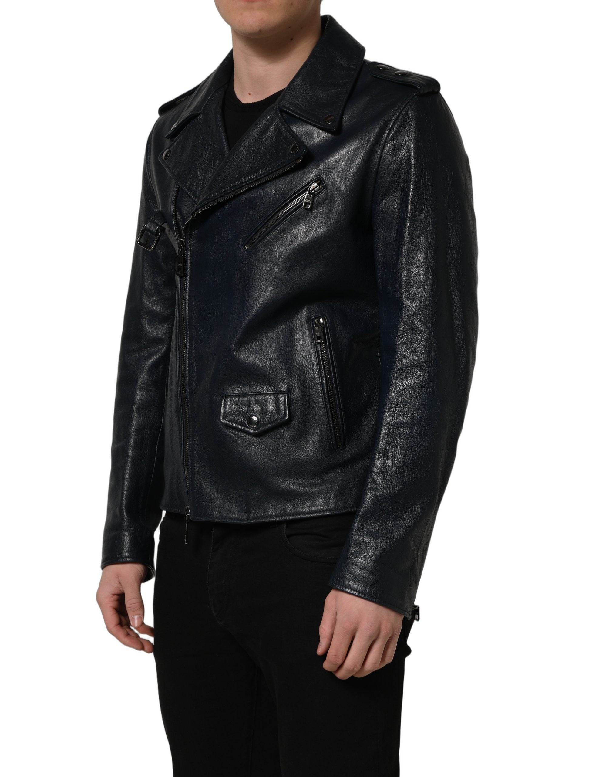 Dolce & Gabbana Black Leather Men Biker Coat Goatskin Men's Jacket