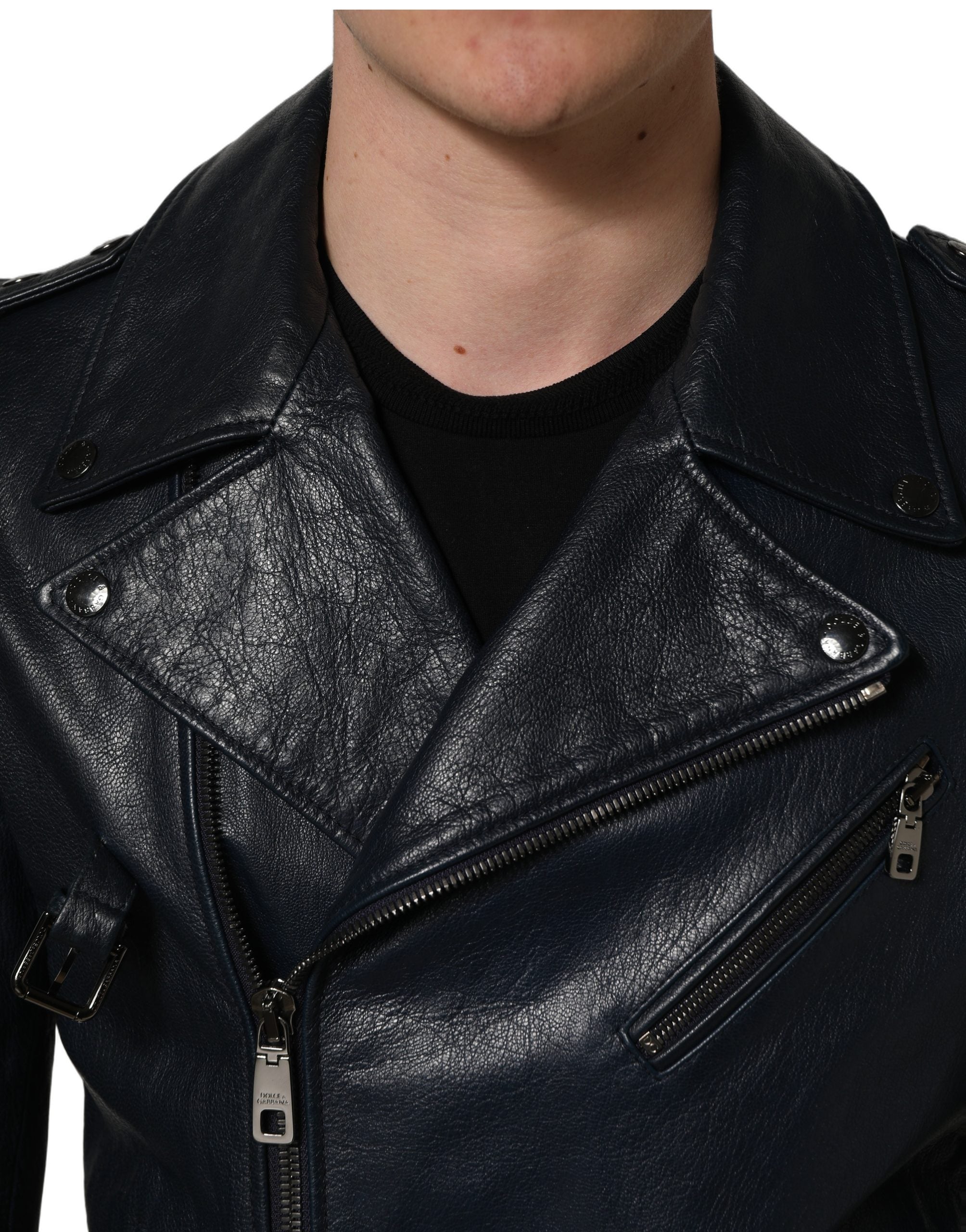 Dolce & Gabbana Black Leather Men Biker Coat Goatskin Men's Jacket