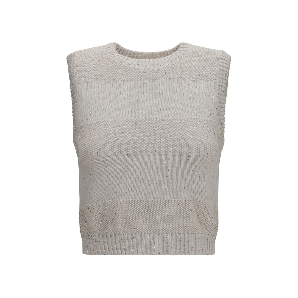 Brunello Cucinelli Beige Cotton Sleeveles Women's Sweater