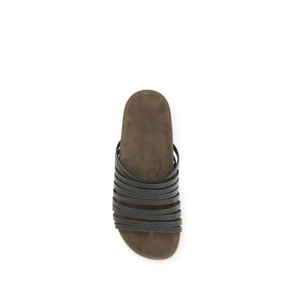 Brunello Cucinelli Black Calf Leather Bos Taurus Flat Women's Sandals