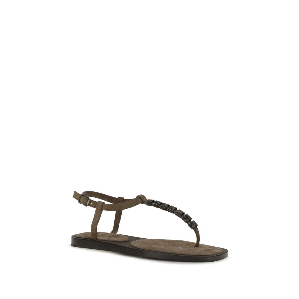 Brunello Cucinelli Brown Calf Leather Bos Taurus Flat Women's Sandals