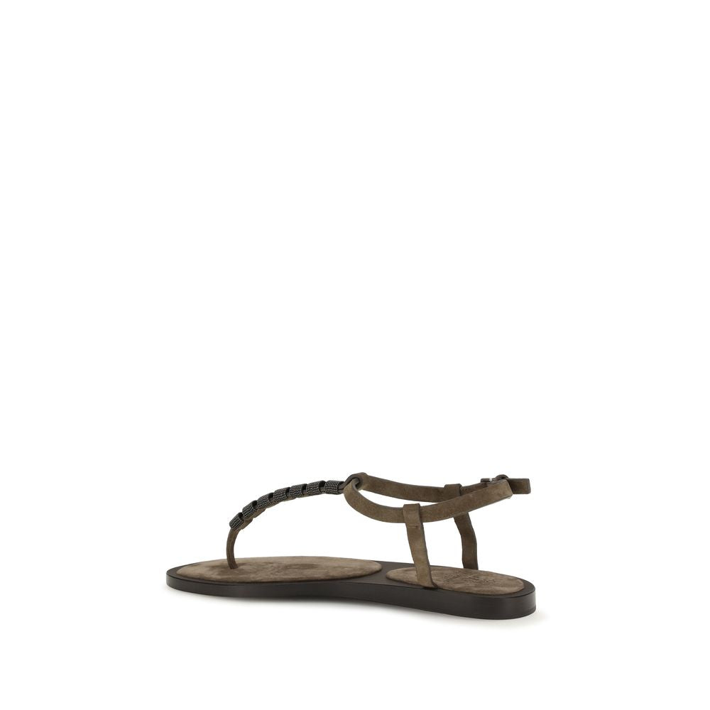Brunello Cucinelli Brown Calf Leather Bos Taurus Flat Women's Sandals
