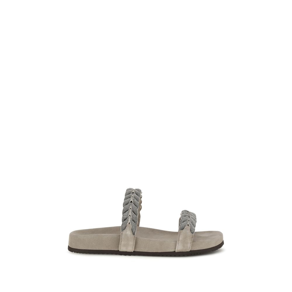 Brunello Cucinelli Gray Calf Leather Bos Taurus Flat Women's Sandals