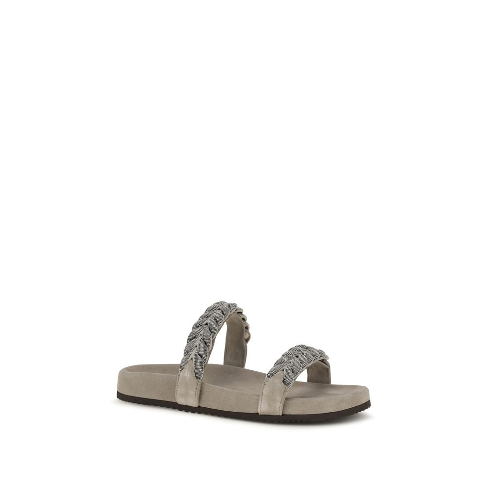 Brunello Cucinelli Gray Calf Leather Bos Taurus Flat Women's Sandals