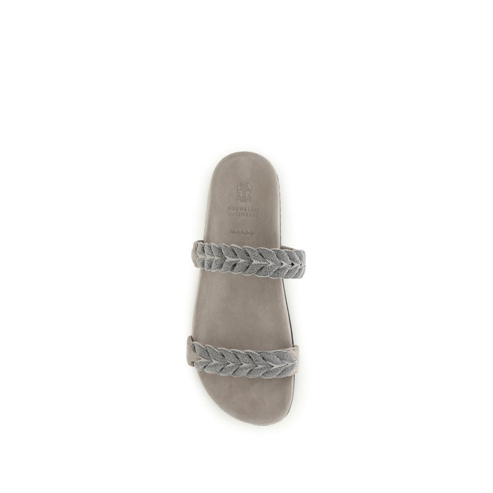 Brunello Cucinelli Gray Calf Leather Bos Taurus Flat Women's Sandals
