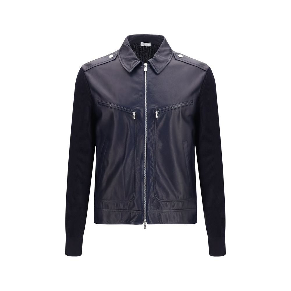 Brunello Cucinelli Blue Calf Leather Bos Taurus Leather Men's Jacket