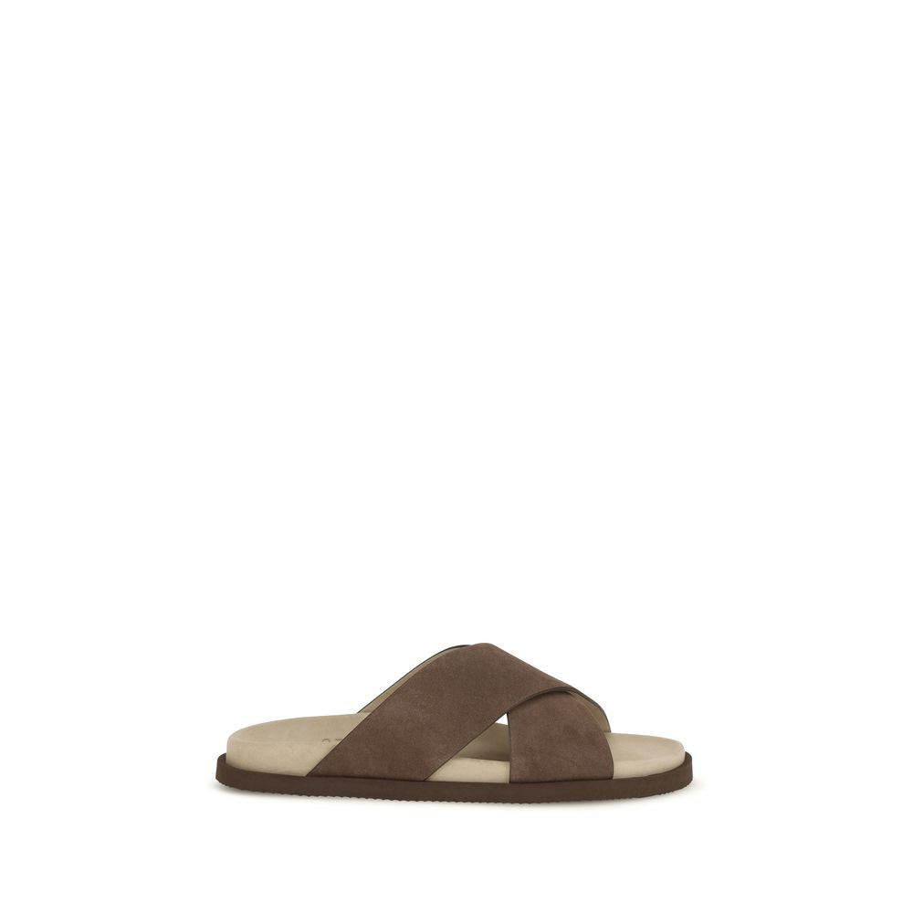 Brunello Cucinelli Brown Calf Leather Bos Taurus Flat Men's Sandals