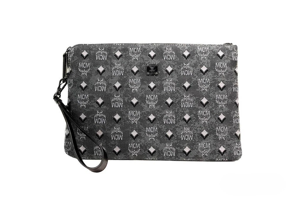 MCM MCM Veritas Medium Dark Grey Denim Monogram Logo Canvas Clutch Pouch Women's Handbag