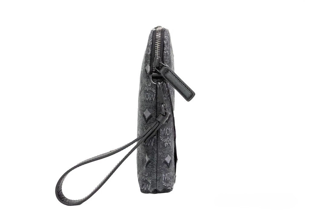 MCM MCM Veritas Medium Dark Grey Denim Monogram Logo Canvas Clutch Pouch Women's Handbag