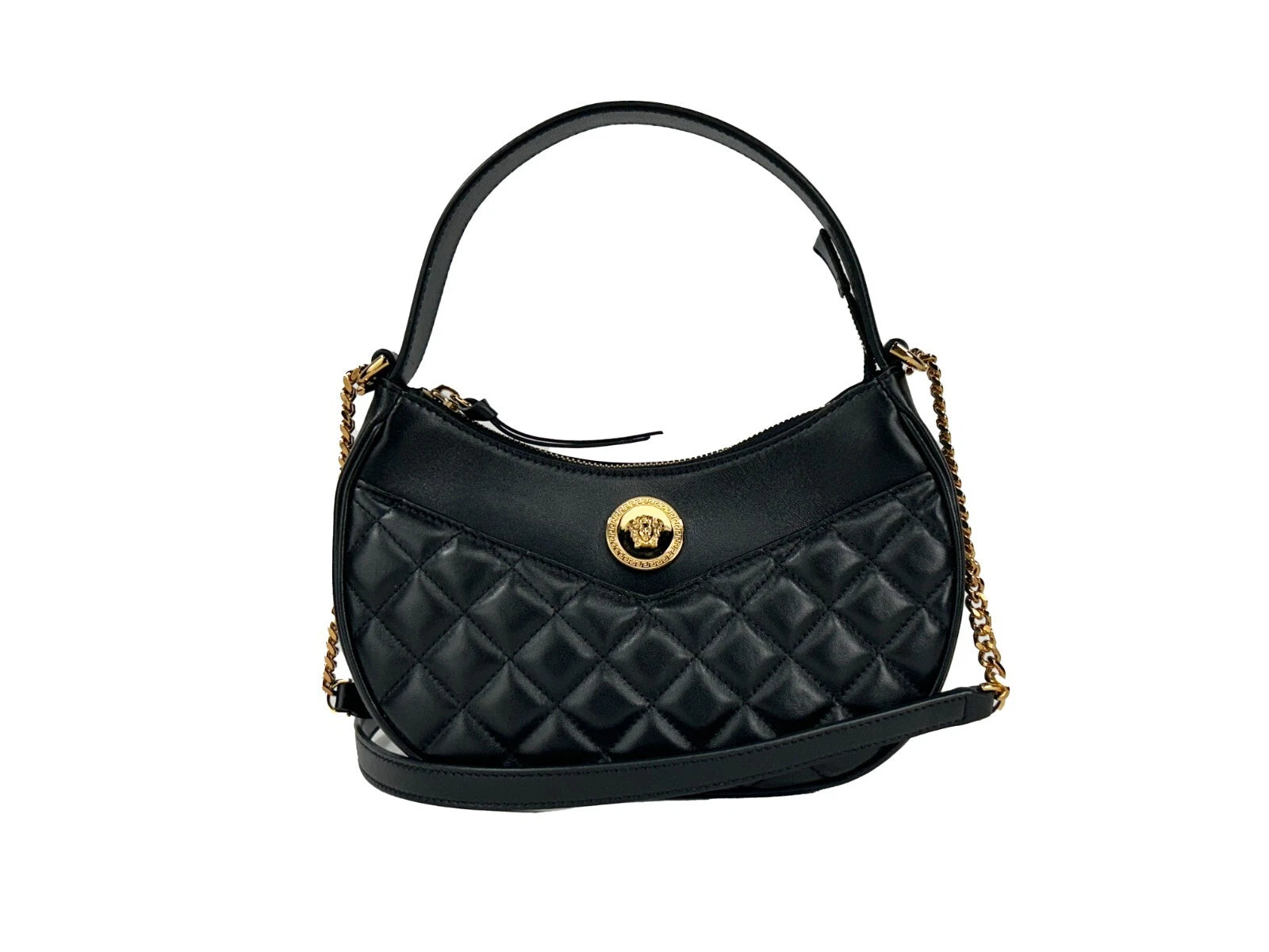 Versace Versace Quilted Black Leather Half Moon Chain Crossbody Women's Bag