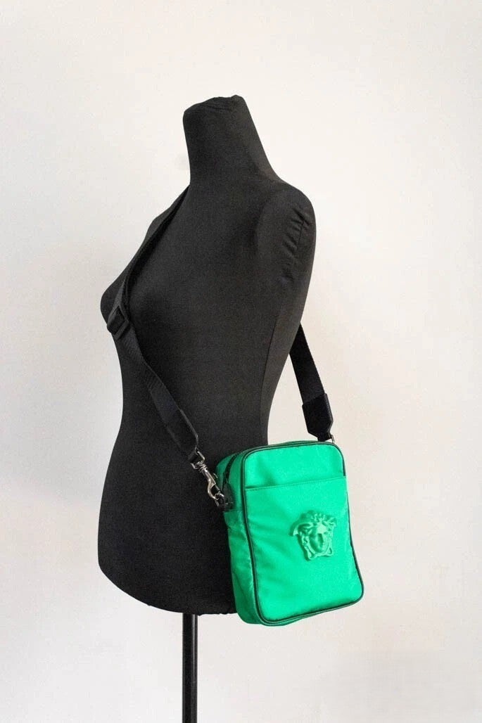 Versace Versace Small Bright Green Nylon Fabric Medusa Crossbody Messenger Bag Women's Purse
