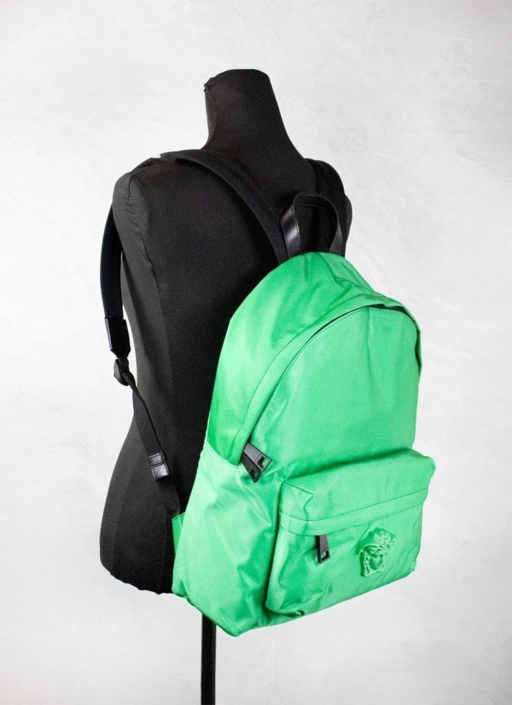 Versace Versace Large Bright Green Nylon Fabric Medusa Shoulder Backpack Women's Bookbag