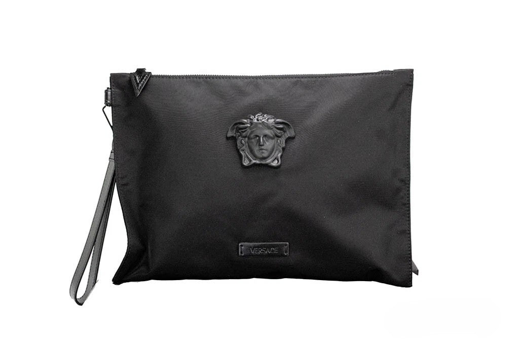 Versace Versace Large Black Nylon Fabric Medusa Convertible Pouch Clutch Wristlet Women's Bag