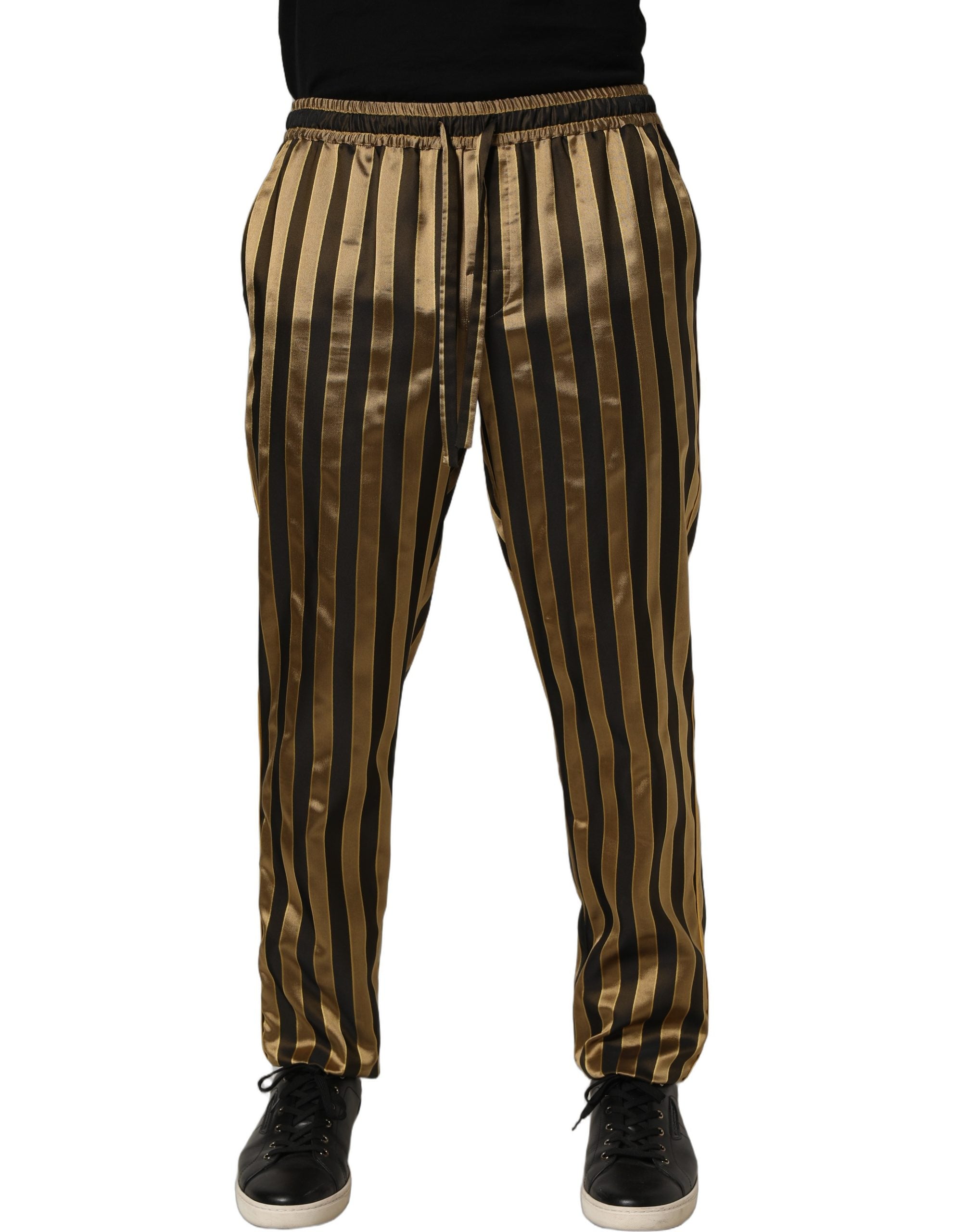 Dolce & Gabbana Gold Black Stripe Satin Tapered Leg Men Men's Pants (Pre-Owned)