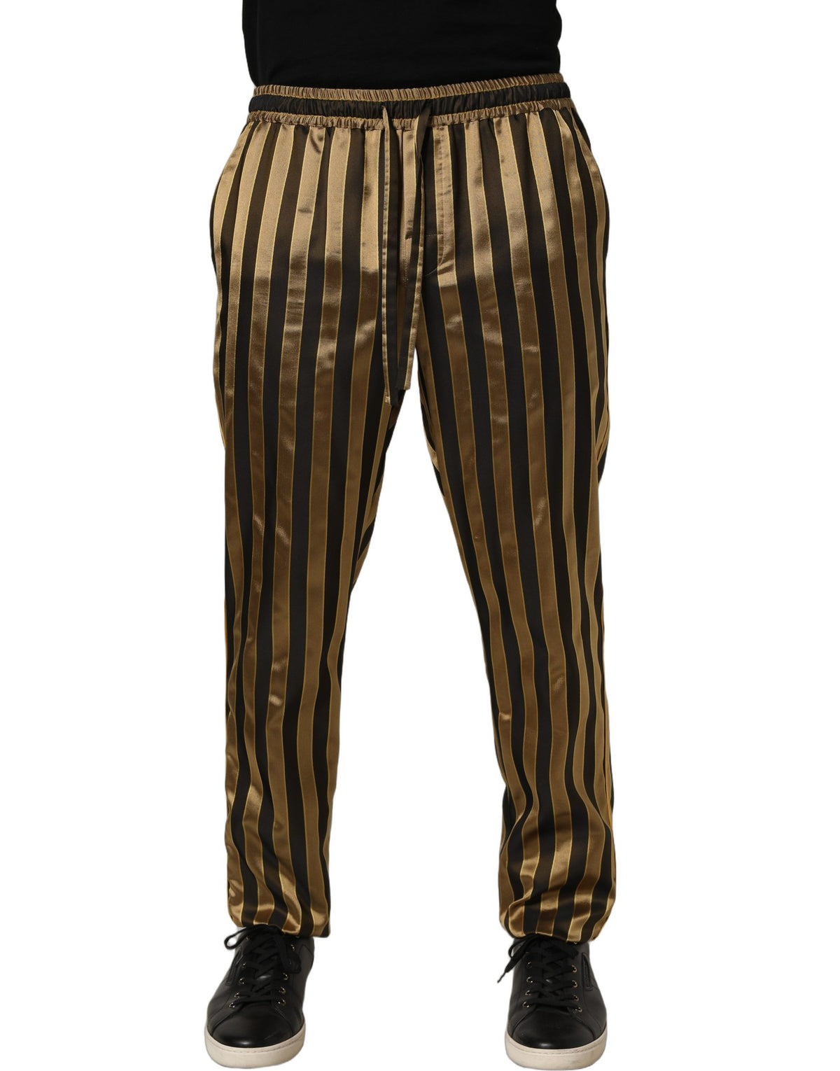 Dolce & Gabbana Gold Black Stripe Satin Tapered Leg Men Men's Pants (Pre-Owned)