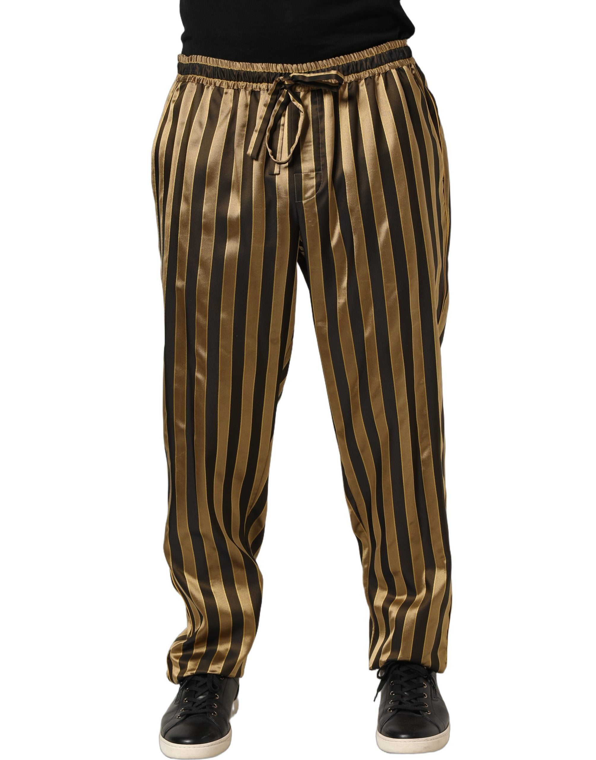 Dolce & Gabbana Gold Black Stripes Satin Tapered Leg Men's Pants (Pre-Owned)