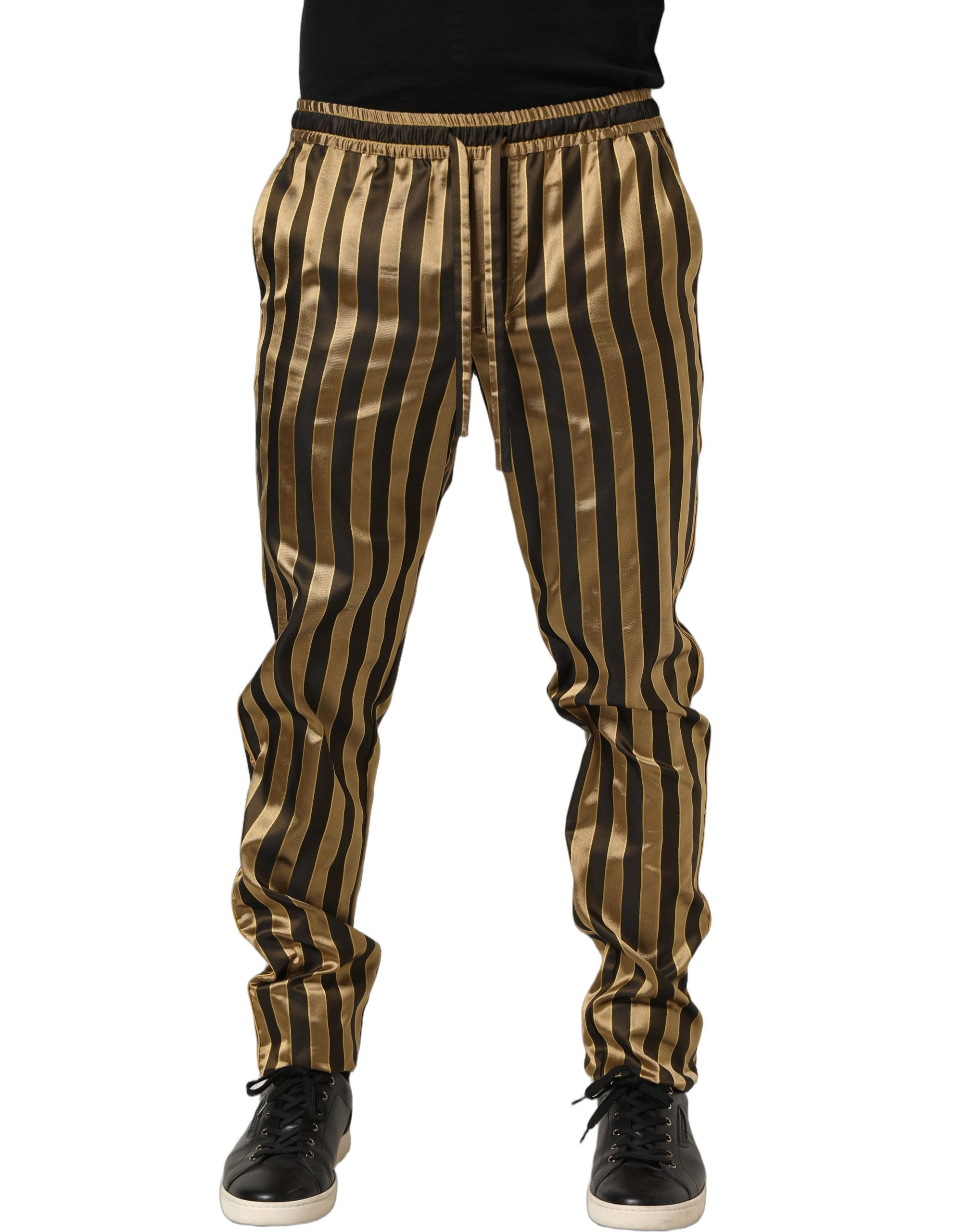 Dolce & Gabbana Gold Black Stripes Satin Tapered Leg Men Men's Pants (Pre-Owned)
