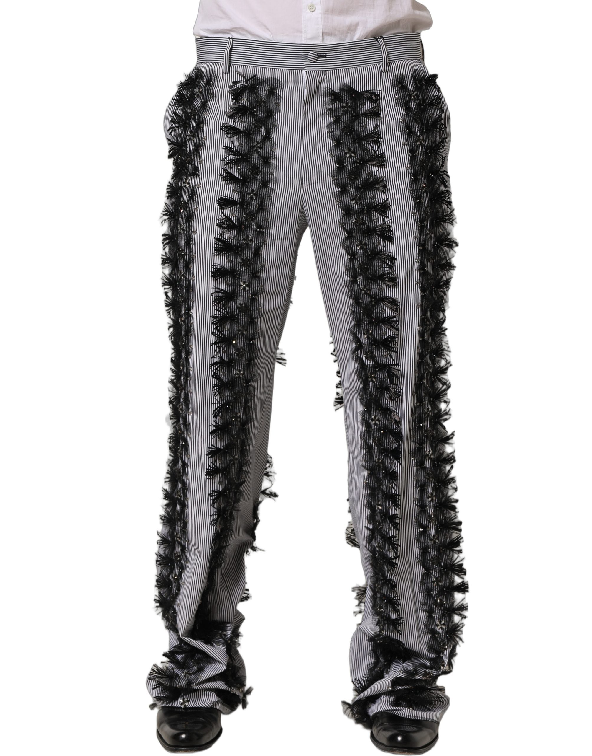 Dolce & Gabbana BlackGray Pinstripe Embellished Trouser Men's Pants