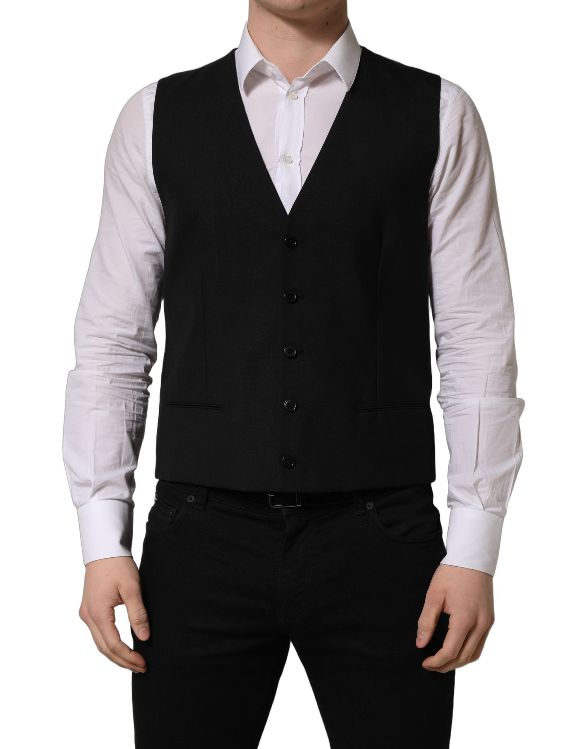 Dolce & Gabbana Black Wool Single Breasted Waistcoat Men's Vest