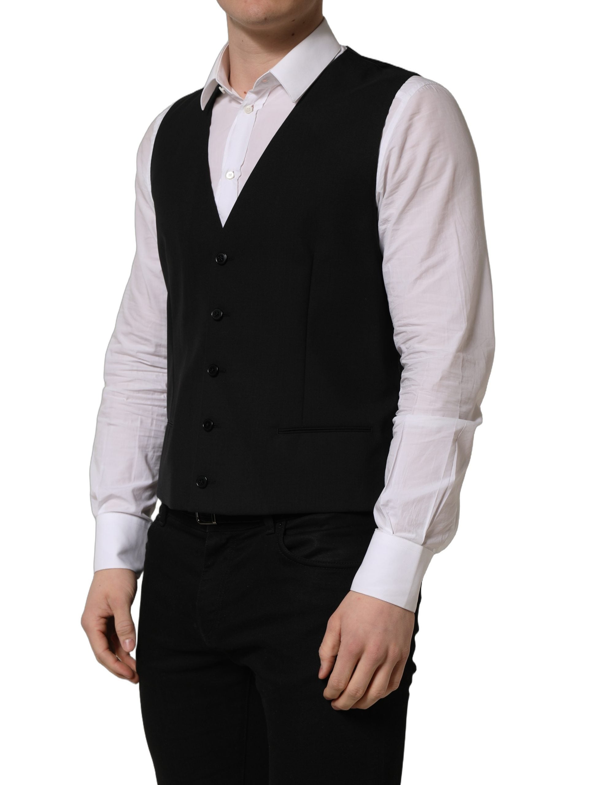 Dolce & Gabbana Black Wool Single Breasted Waistcoat Men's Vest