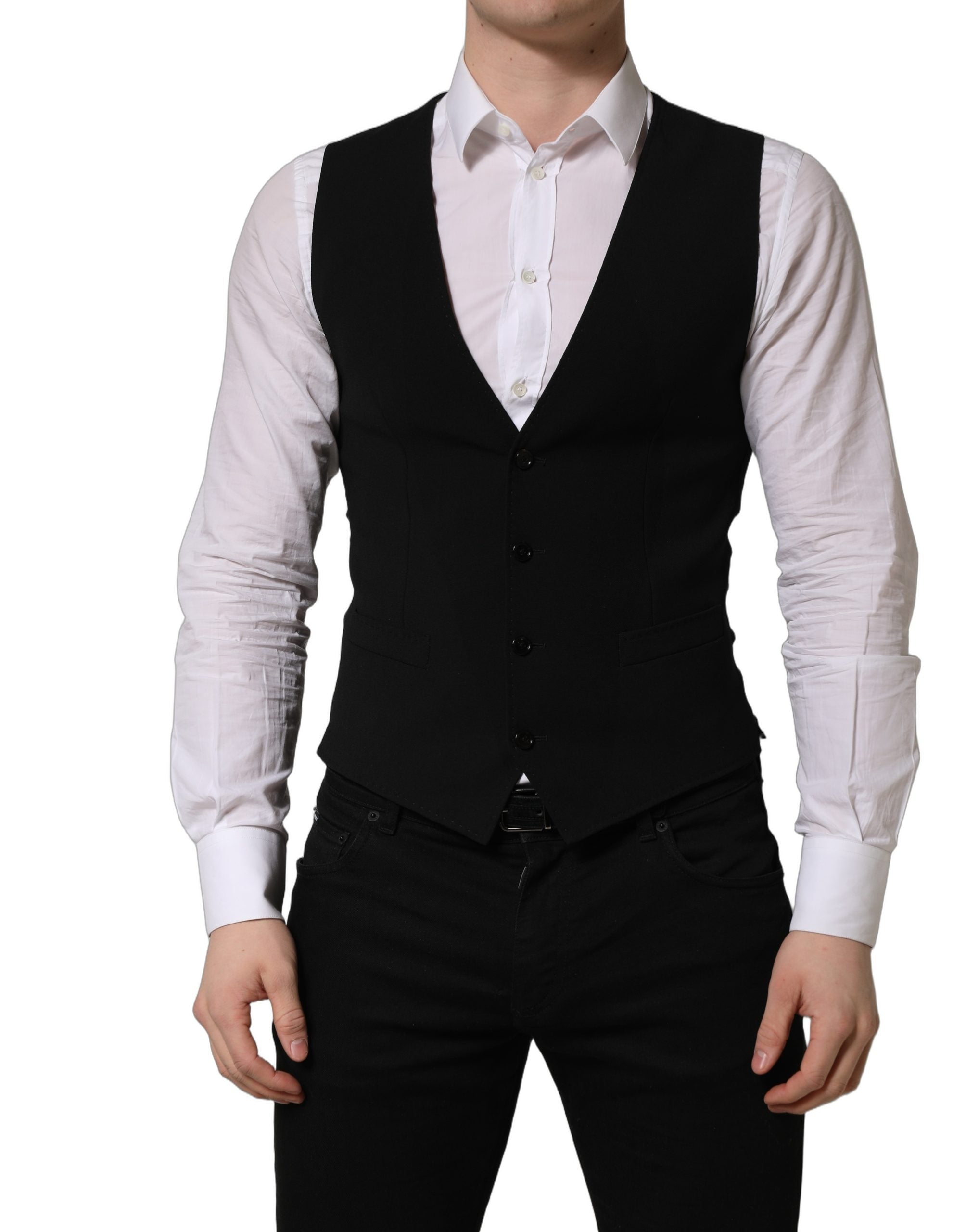 Dolce & Gabbana Black Wool Single Breasted Waistcoat Men's Vest