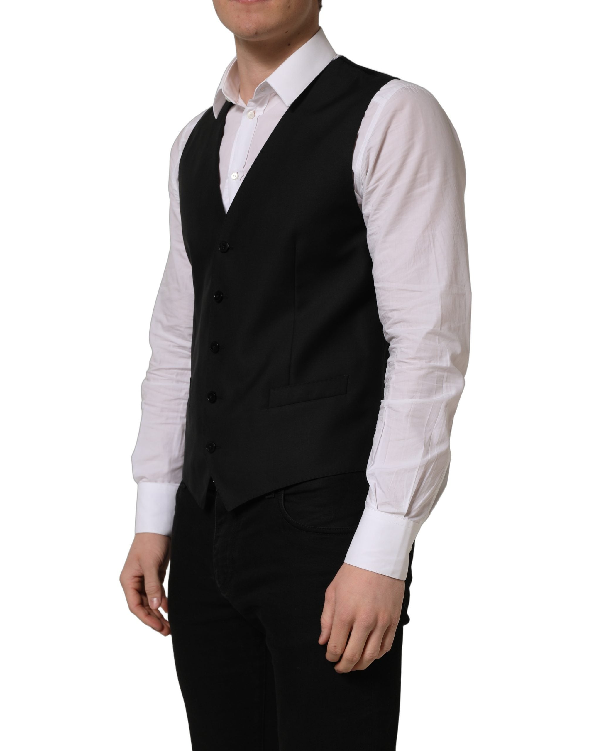 Dolce & Gabbana Black Wool Single Breasted Waistcoat Men's Vest