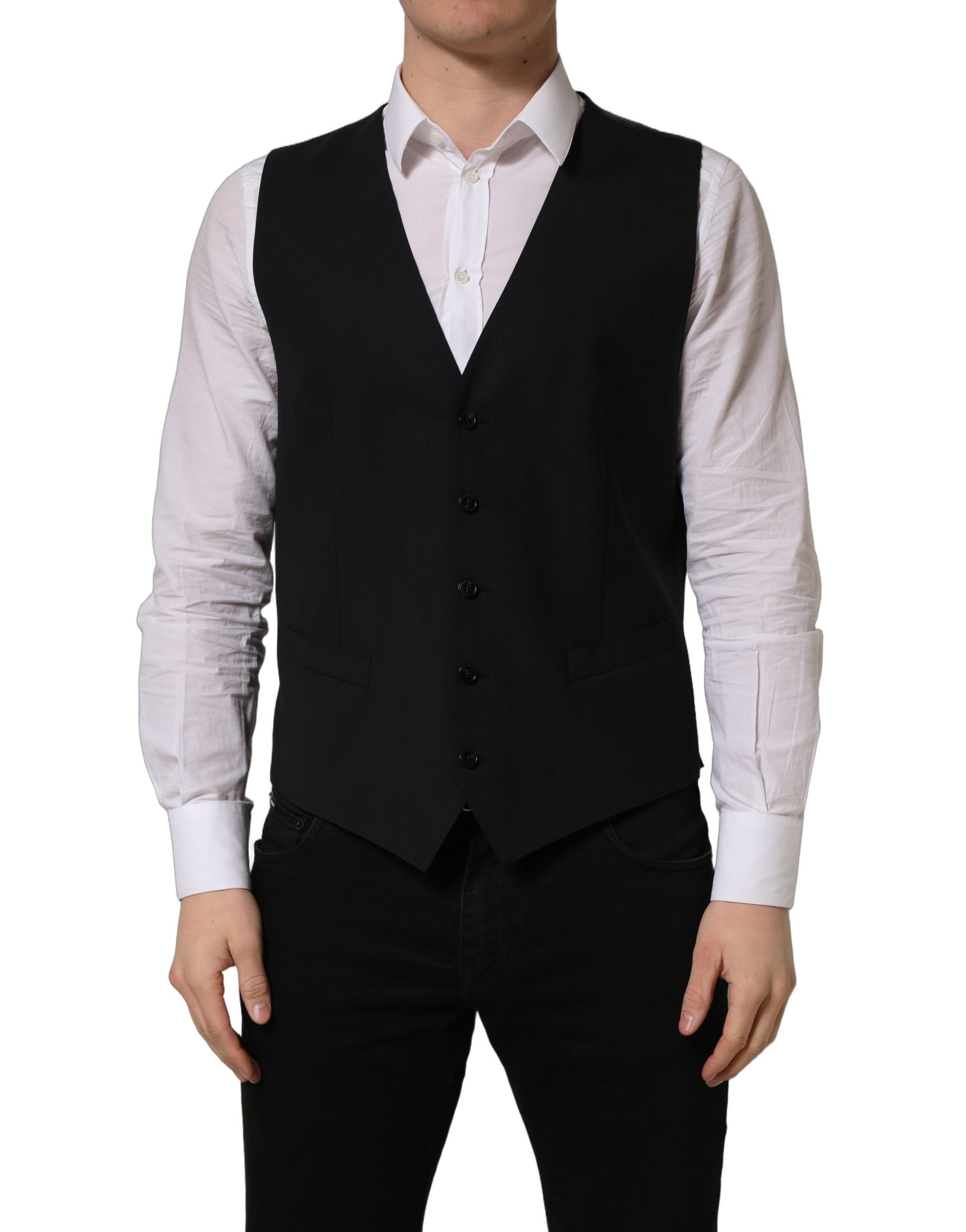 Dolce & Gabbana Black Wool Single Breasted Waistcoat Men's Vest