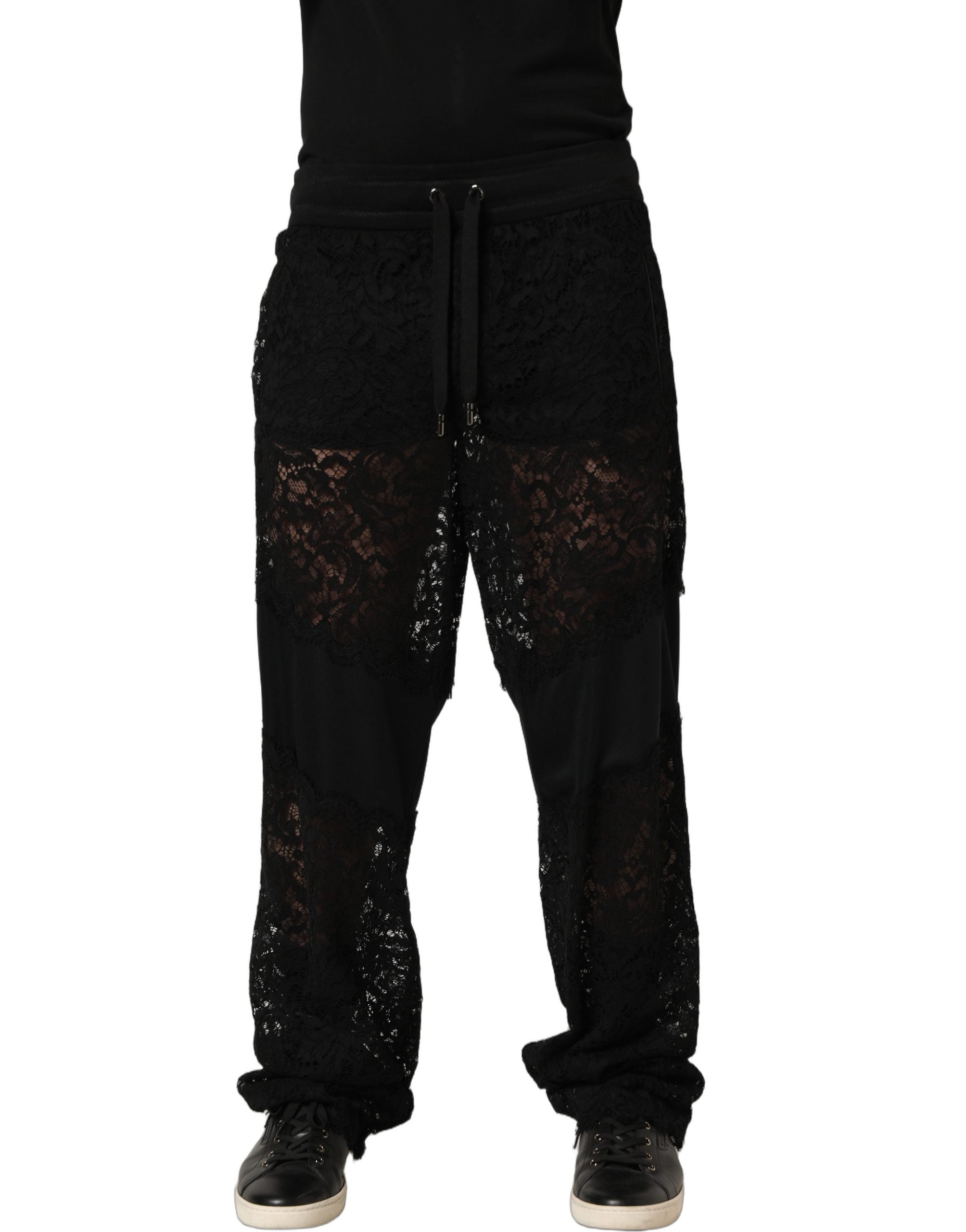 Dolce & Gabbana Black Lace Mid Waist Jogger Men Trouser Men's Pants