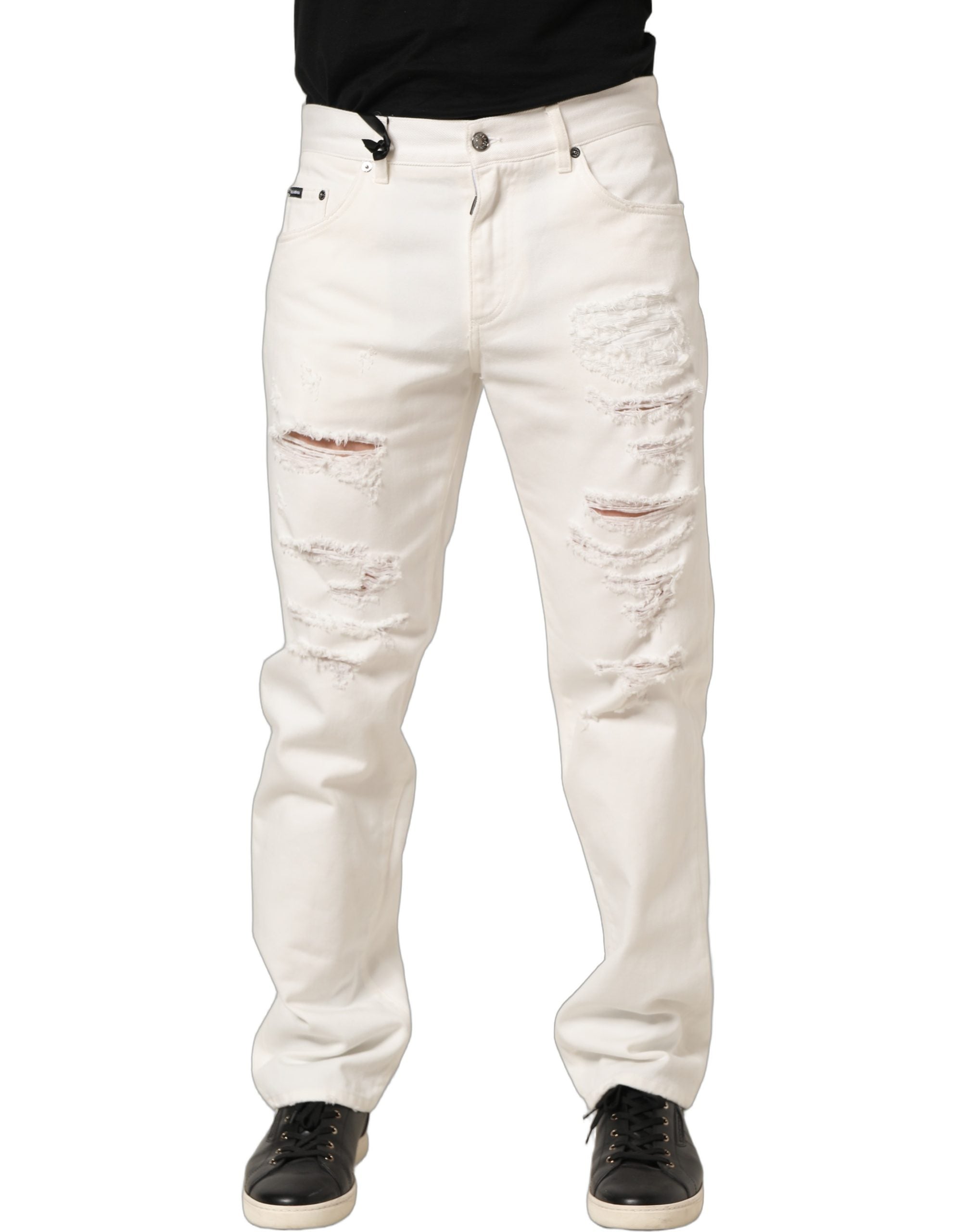 Dolce & Gabbana White Cotton Distressed Straight Denim Men's Jeans