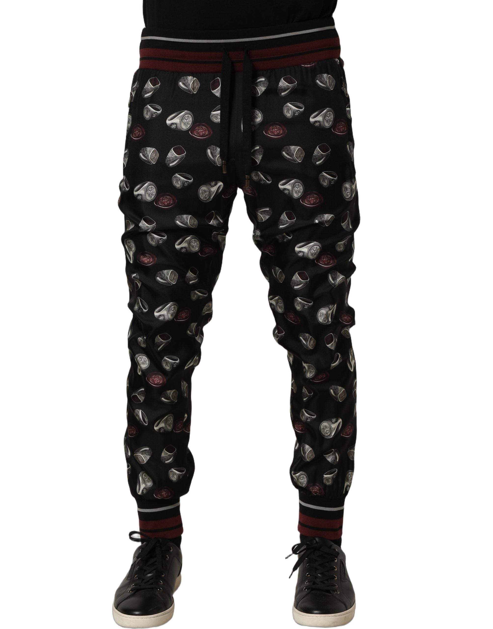 Dolce & Gabbana Pants Black Ring Print Silk Jogging Men's Trousers