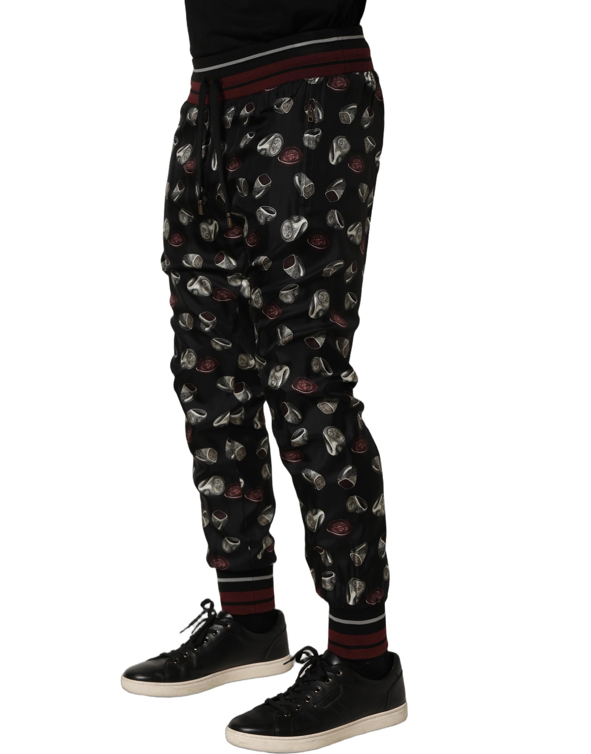Dolce & Gabbana Pants Black Ring Print Silk Jogging Men's Trousers
