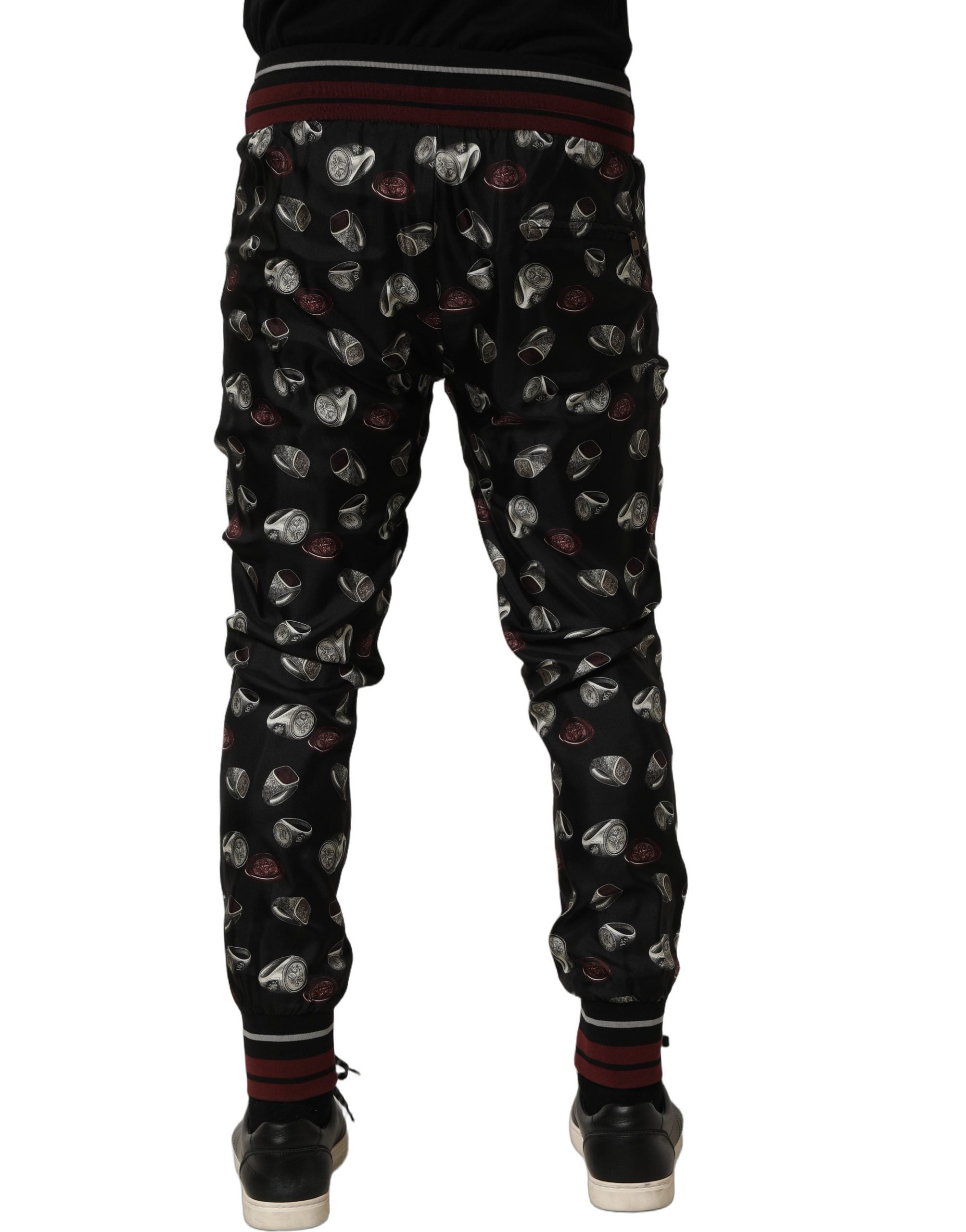 Dolce & Gabbana Pants Black Ring Print Silk Jogging Men's Trousers
