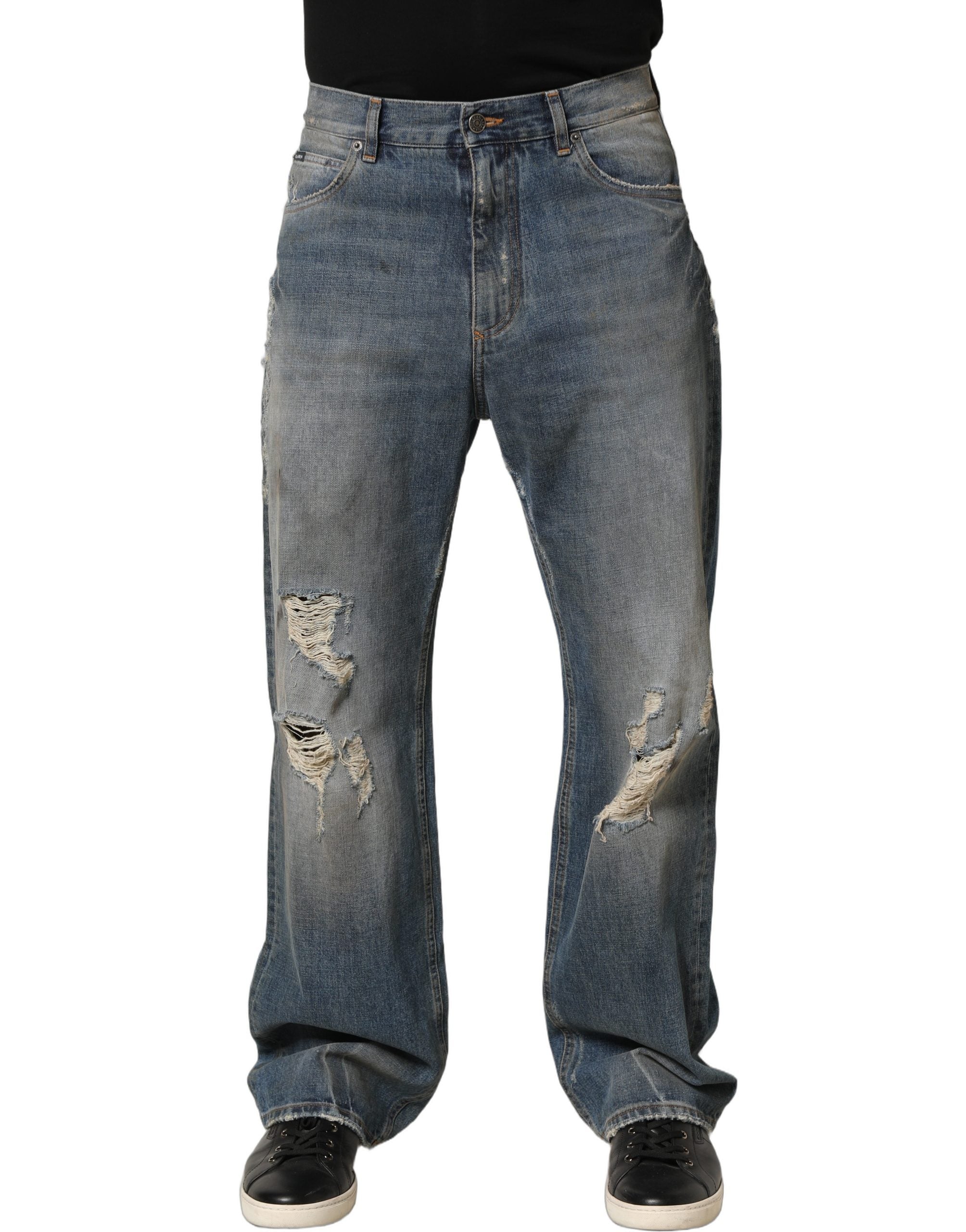 Dolce & Gabbana Blue Cotton Distressed Straight Denim Men's Jeans (Pre-Owned)