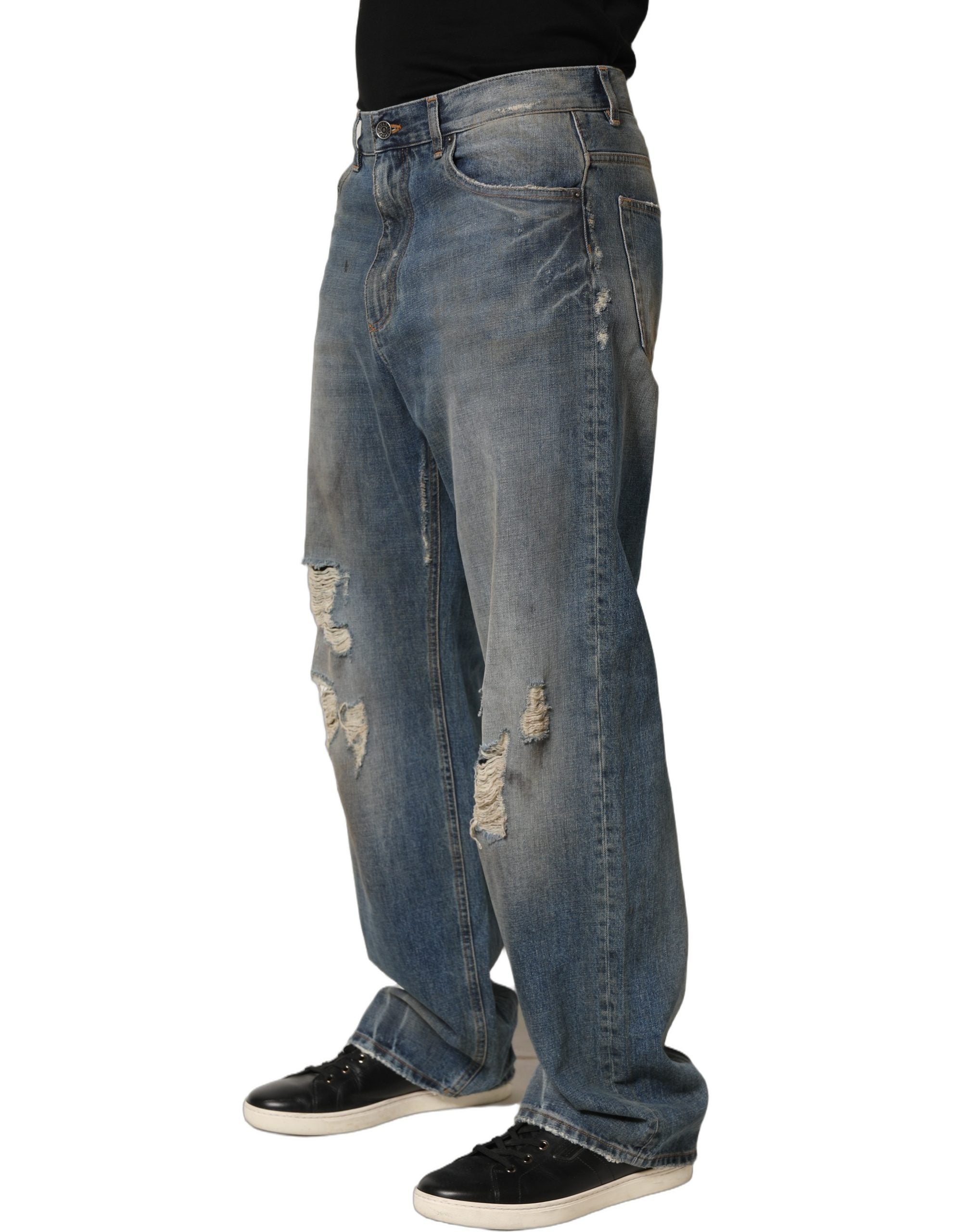 Dolce & Gabbana Blue Cotton Distressed Straight Denim Men's Jeans (Pre-Owned)