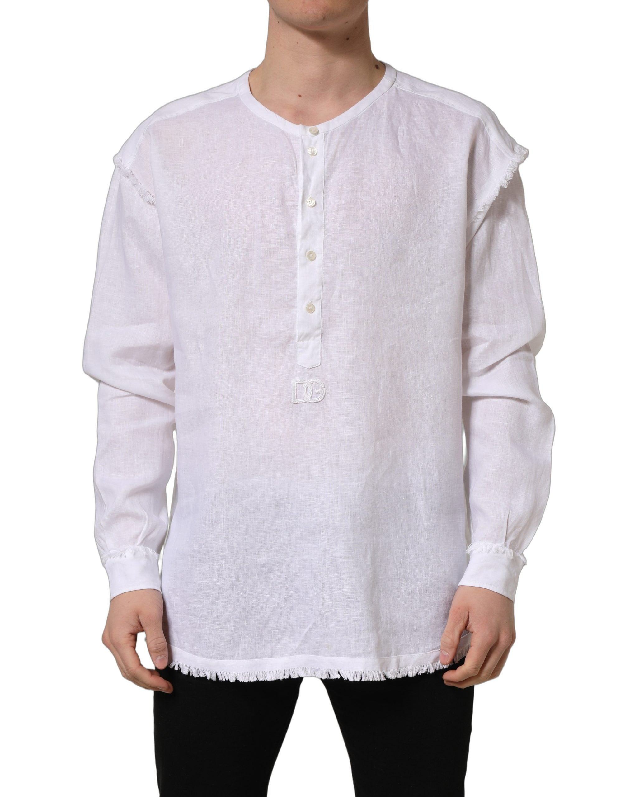Dolce & Gabbana White Linen Logo Long Sleeves Casual Men's Shirt (Pre-Owned)