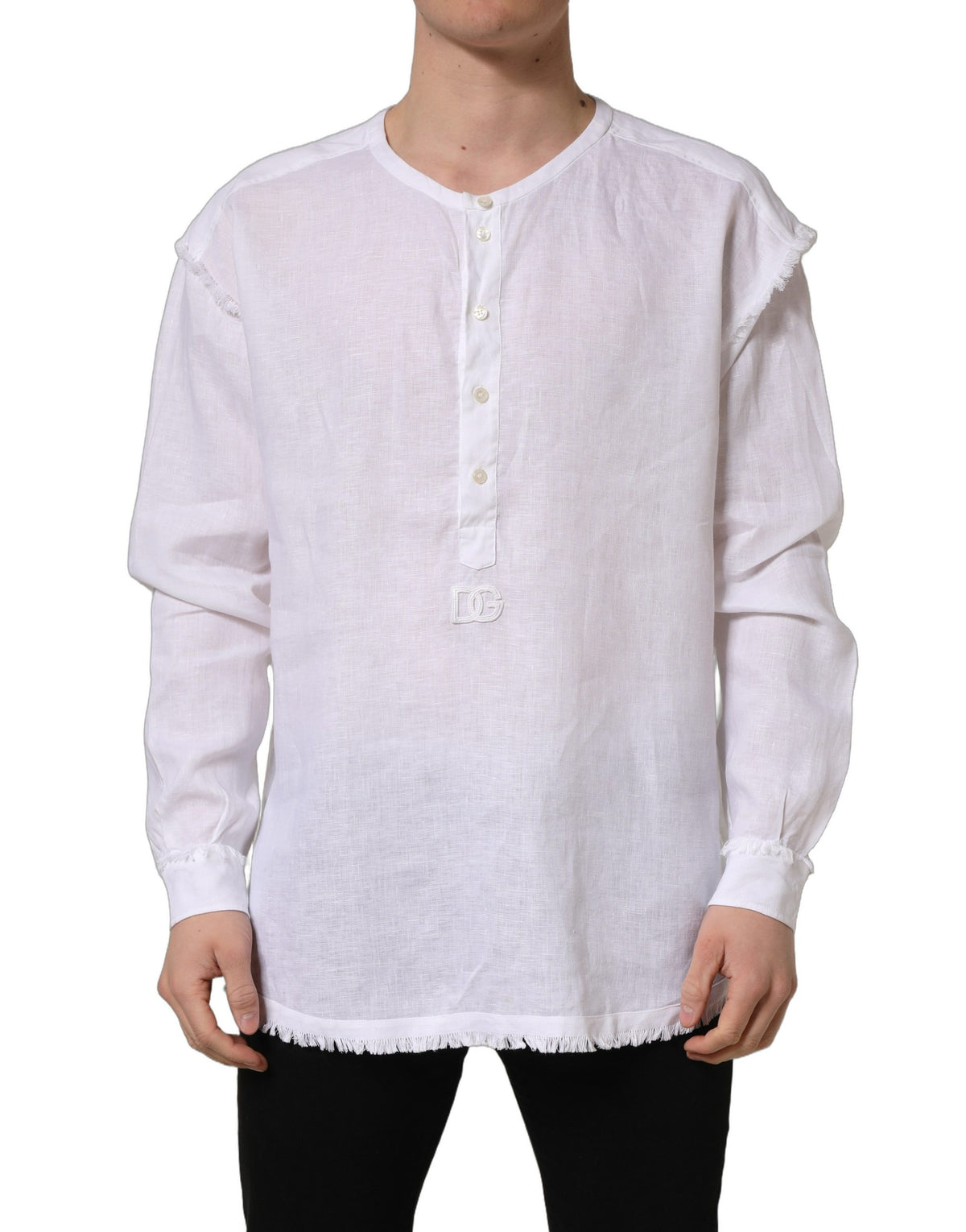 Dolce & Gabbana White Linen Logo Long Sleeves Casual Men's Shirt (Pre-Owned)