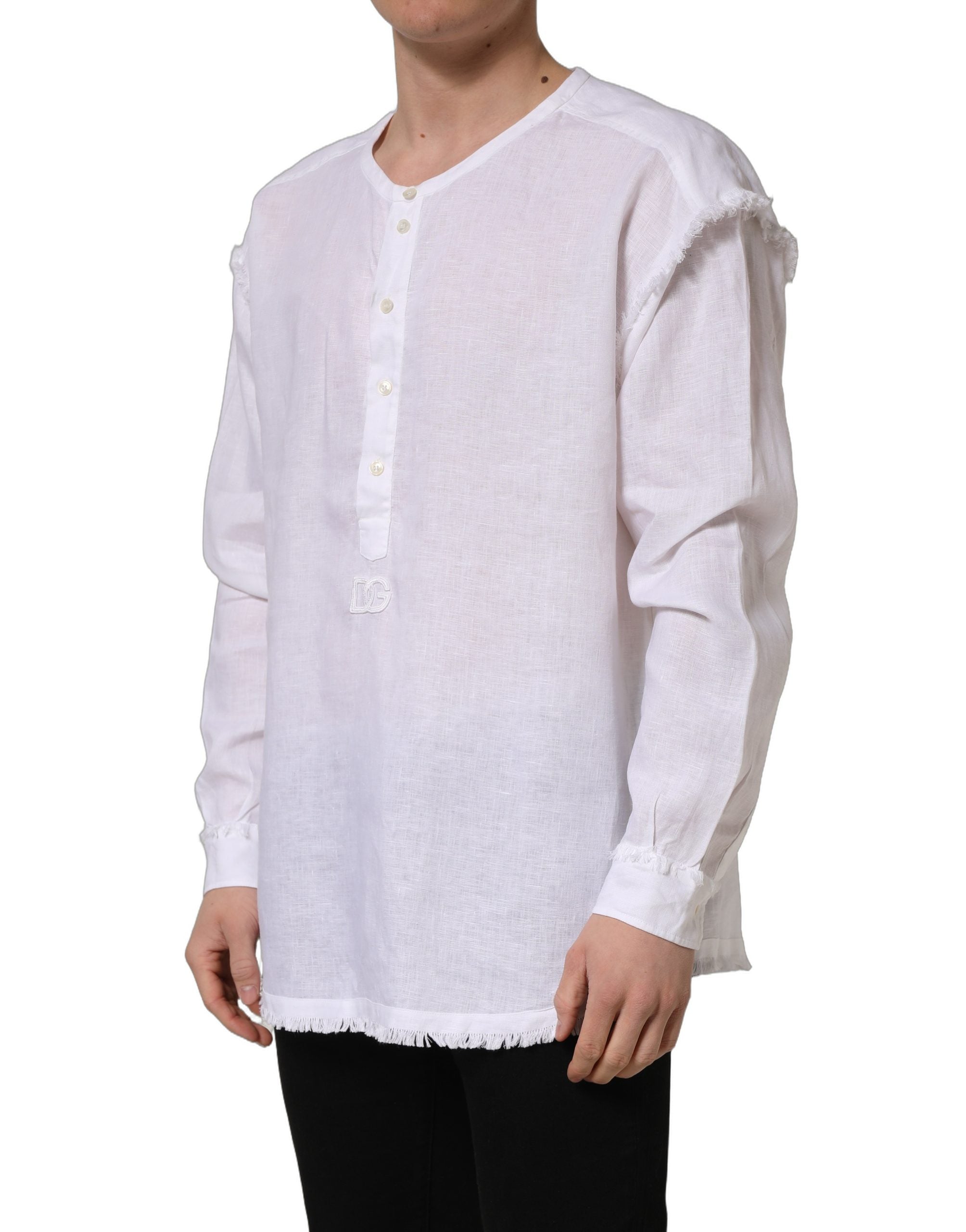 Dolce & Gabbana White Linen Logo Long Sleeves Casual Men's Shirt (Pre-Owned)
