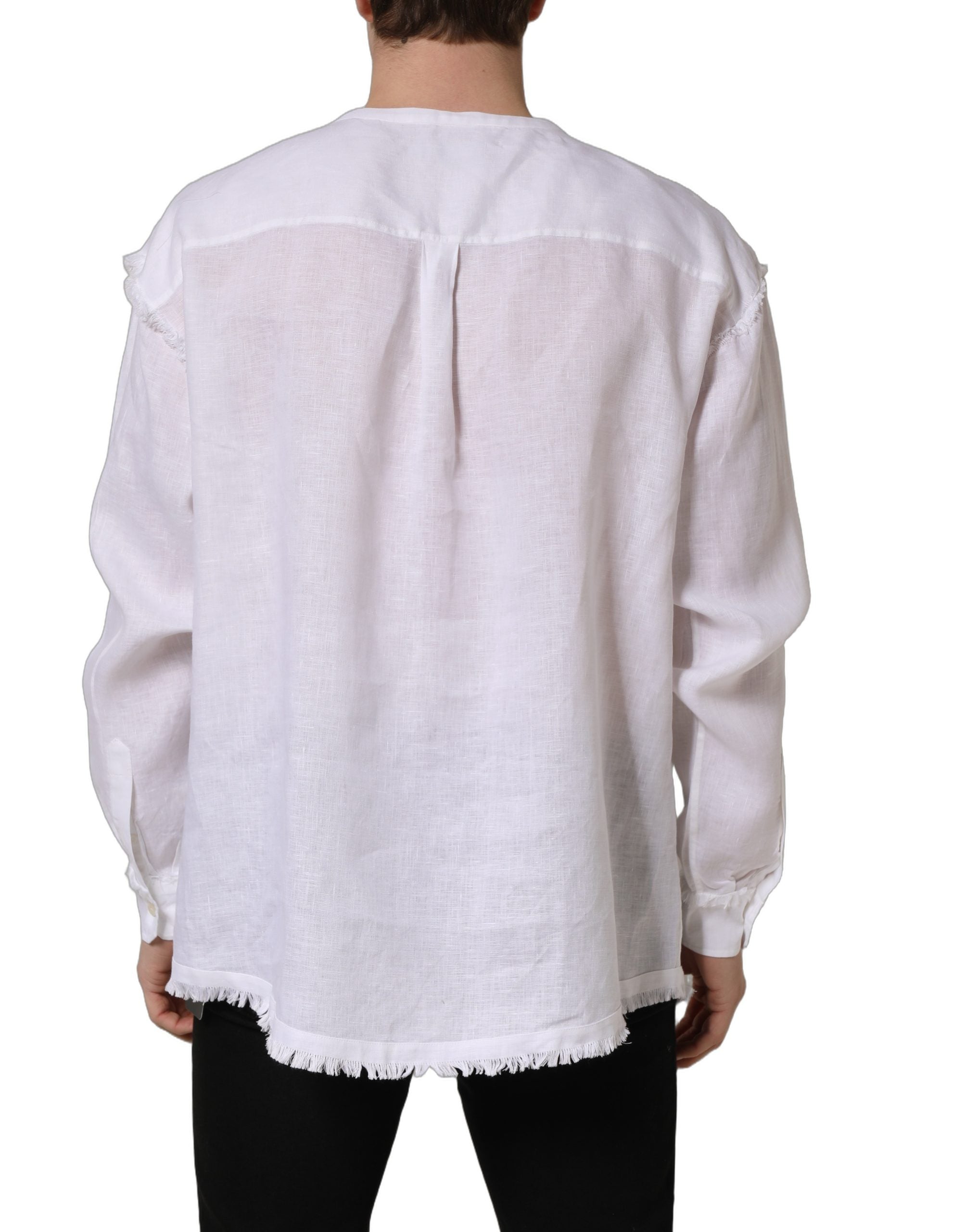Dolce & Gabbana White Linen Logo Long Sleeves Casual Men's Shirt (Pre-Owned)