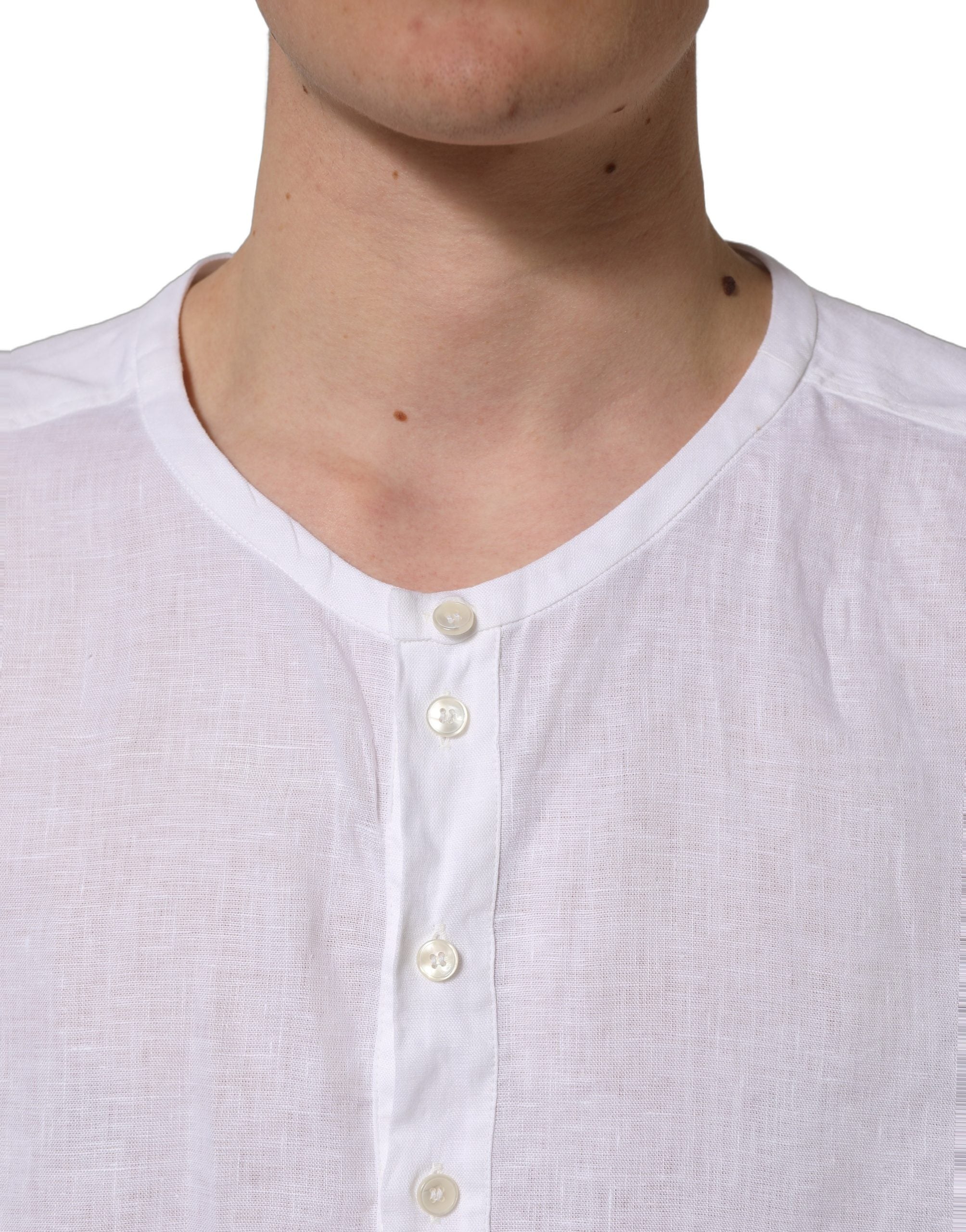 Dolce & Gabbana White Linen Logo Long Sleeves Casual Men's Shirt (Pre-Owned)