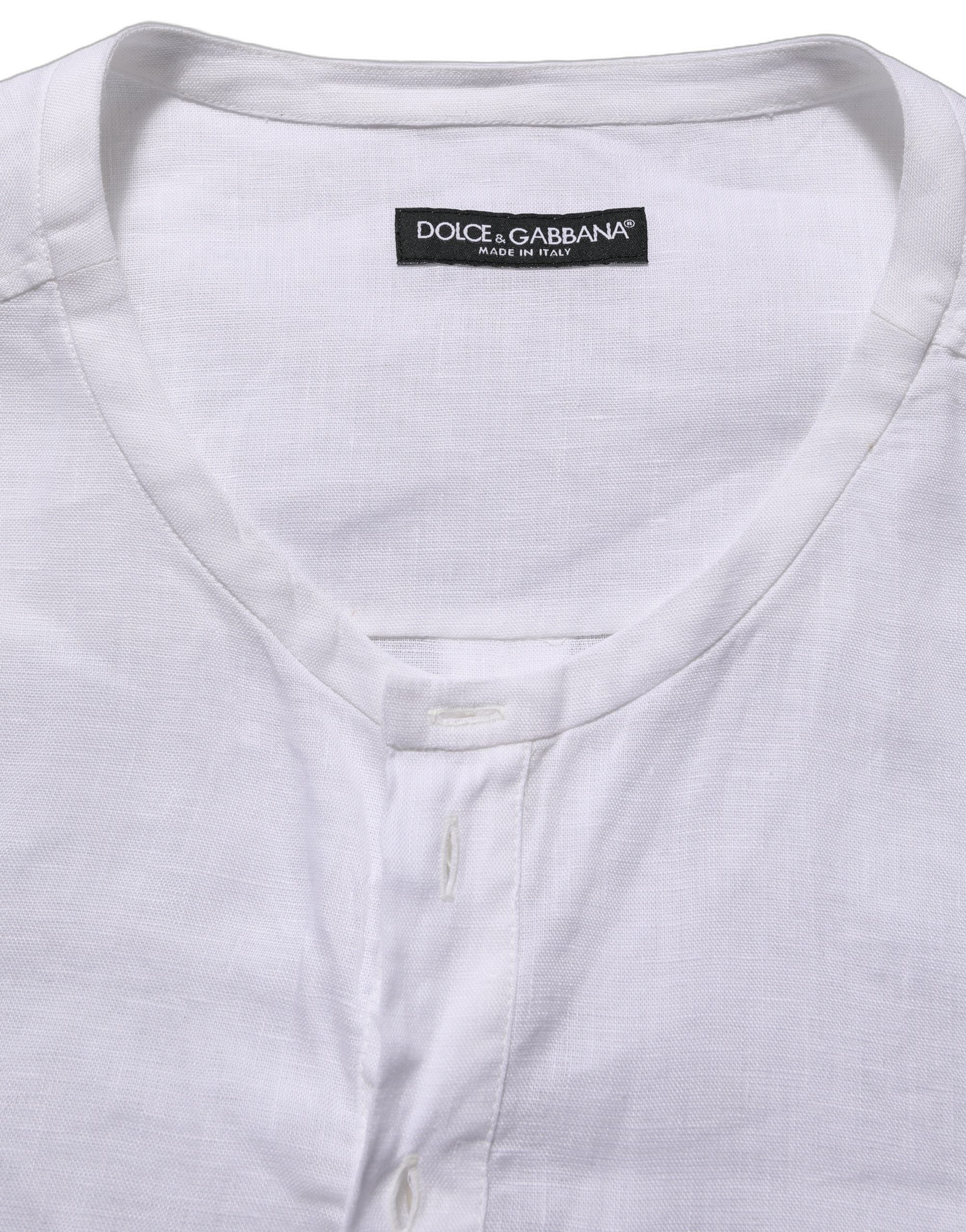 Dolce & Gabbana White Linen Logo Long Sleeves Casual Men's Shirt (Pre-Owned)