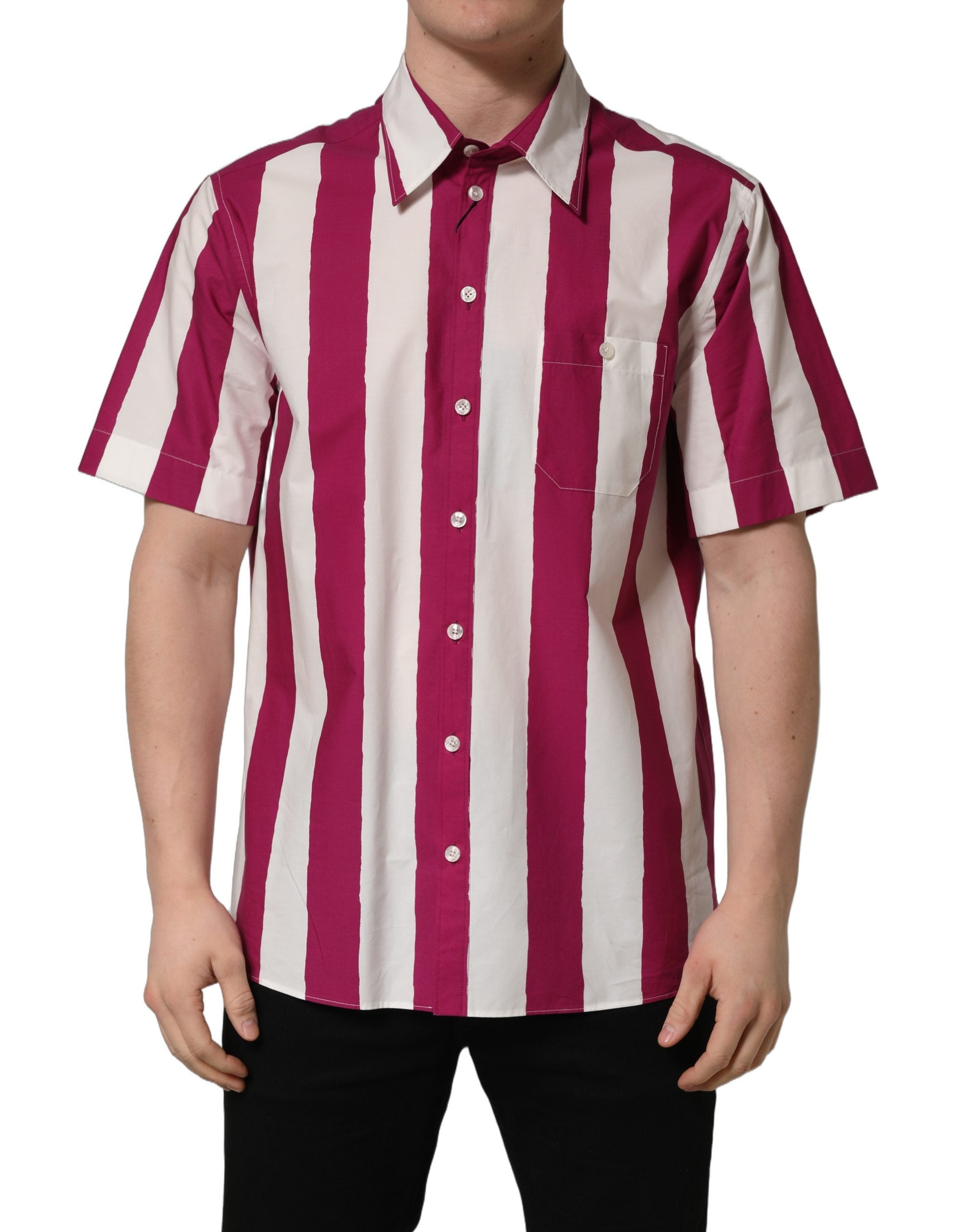 Dolce & Gabbana White Maroon Striped Men Short Sleeves Men's Shirt