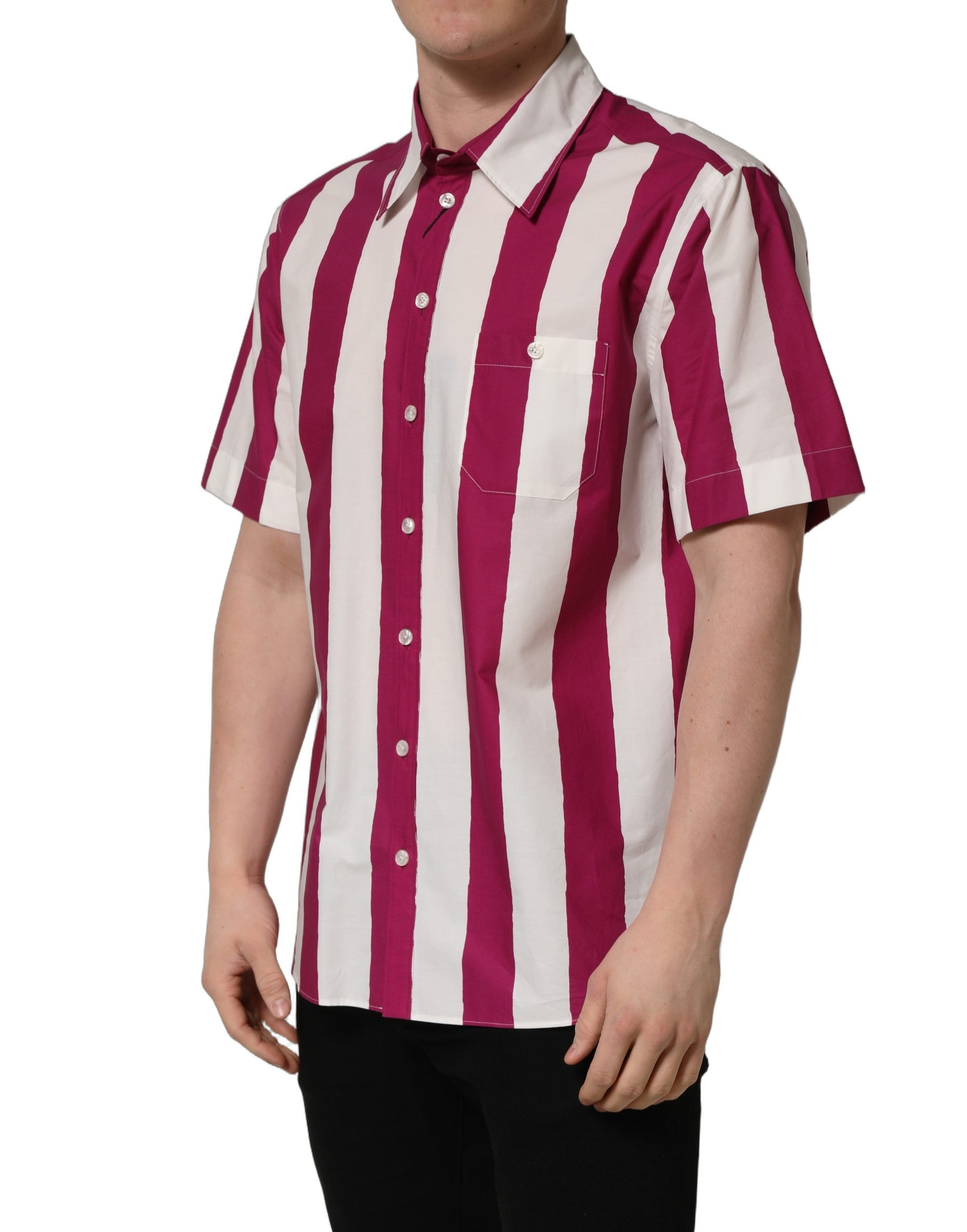 Dolce & Gabbana White Maroon Striped Men Short Sleeves Men's Shirt