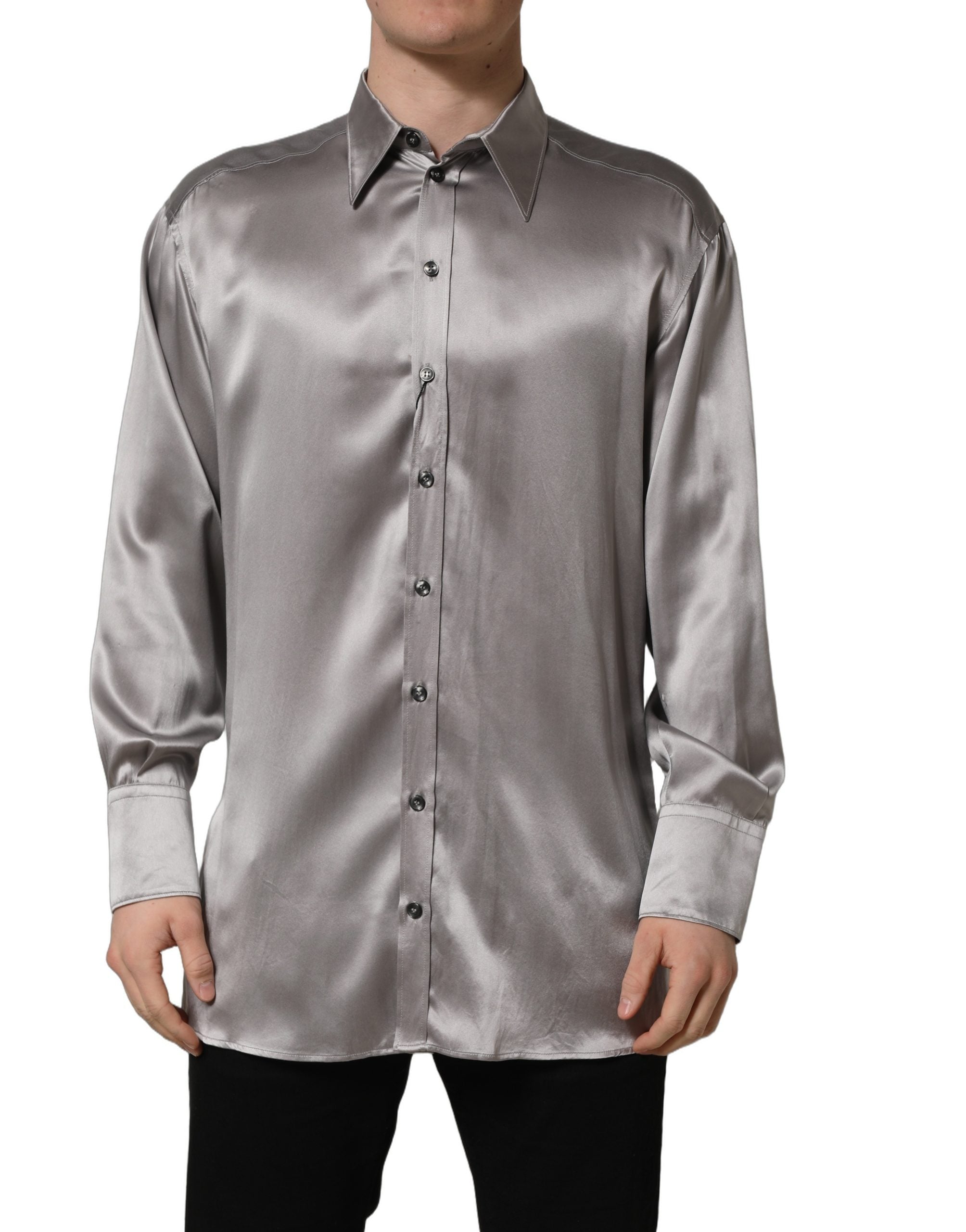 Dolce & Gabbana Metallic Grey Satin Silk Formal Dress Men's Shirt (Pre-Owned)