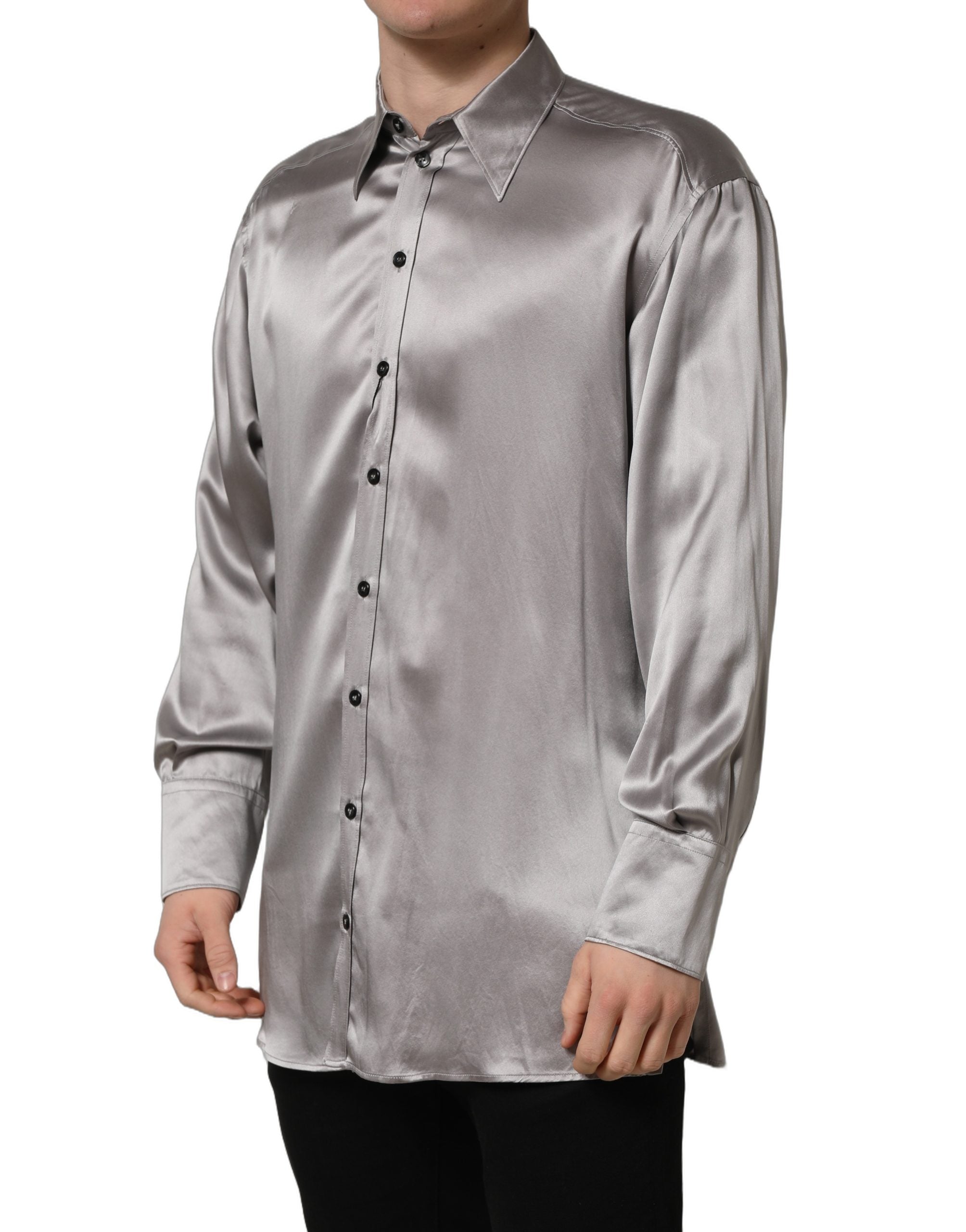Dolce & Gabbana Metallic Grey Satin Silk Formal Dress Men's Shirt (Pre-Owned)